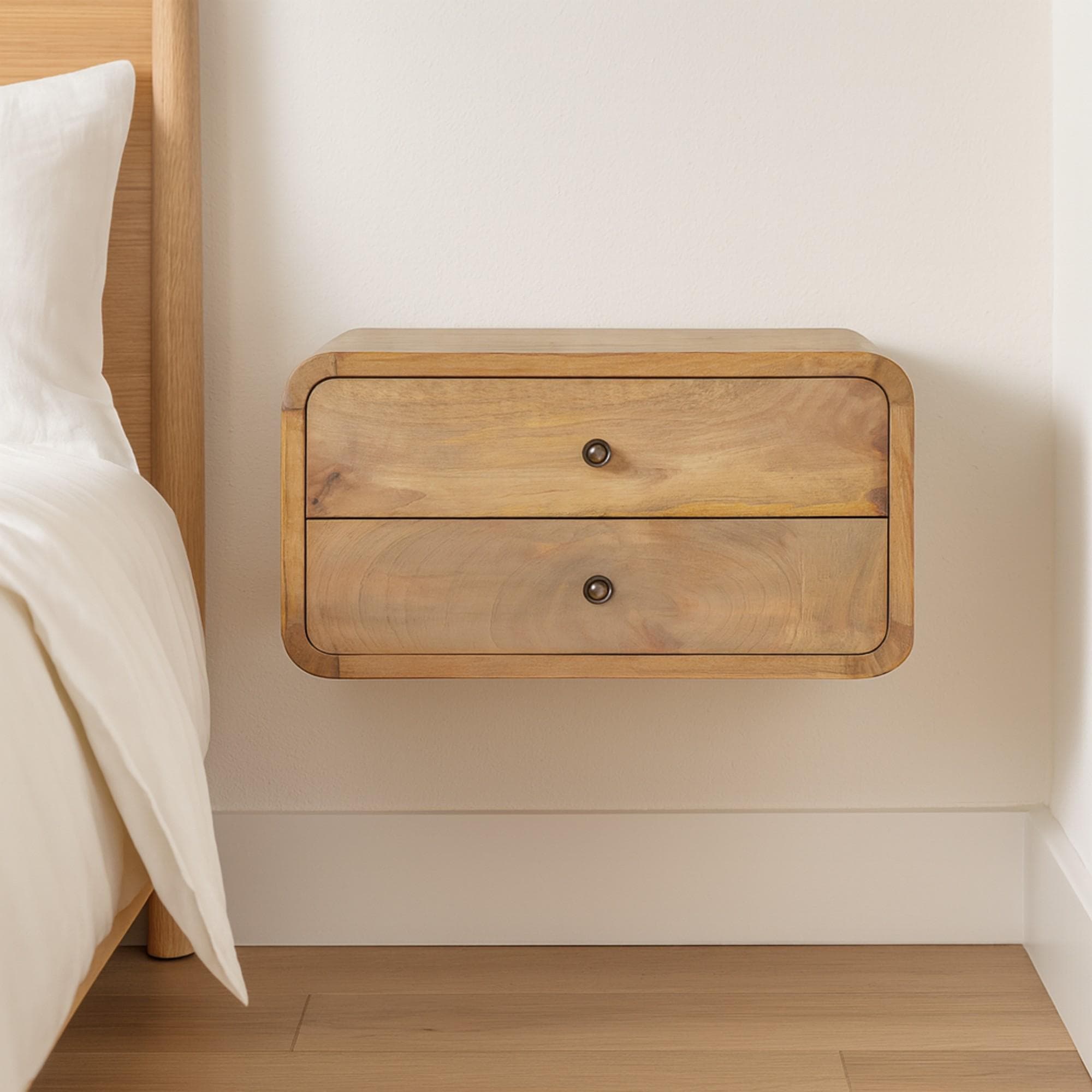 Solid Mango Wood Bedside Unit with Smooth-Glide Drawers, Oak-ish Finish, Wall-Mounted Storage for Bedroom, 32L x 45W x 25H cm, Brown | Aosom UK