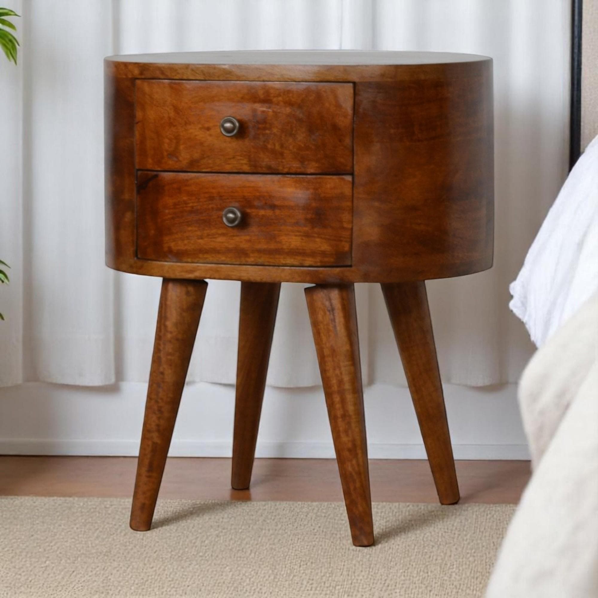 Solid Mango Wood Rounded Bedside Table with Stain Finish, Handcrafted Desk with 2 Smooth-Gliding Drawers, 35L x 45W x 54H cm, Brown | Aosom UK
