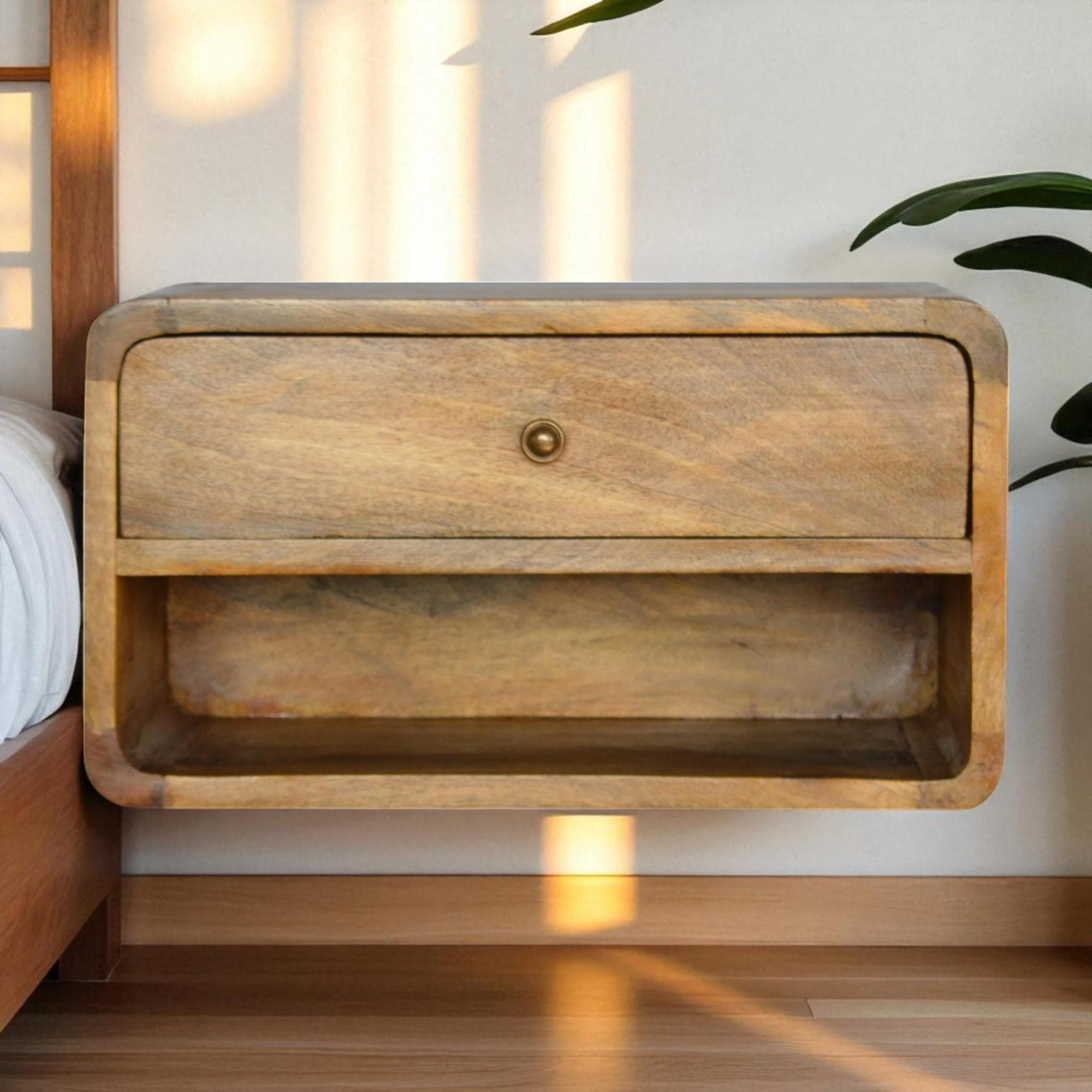 Solid Wood Floating Bedside Table with Drawer and Open Shelf, Handcrafted Desk with Clear Natural Finish, 32L x 45W x 25H cm, Brown | Aosom UK