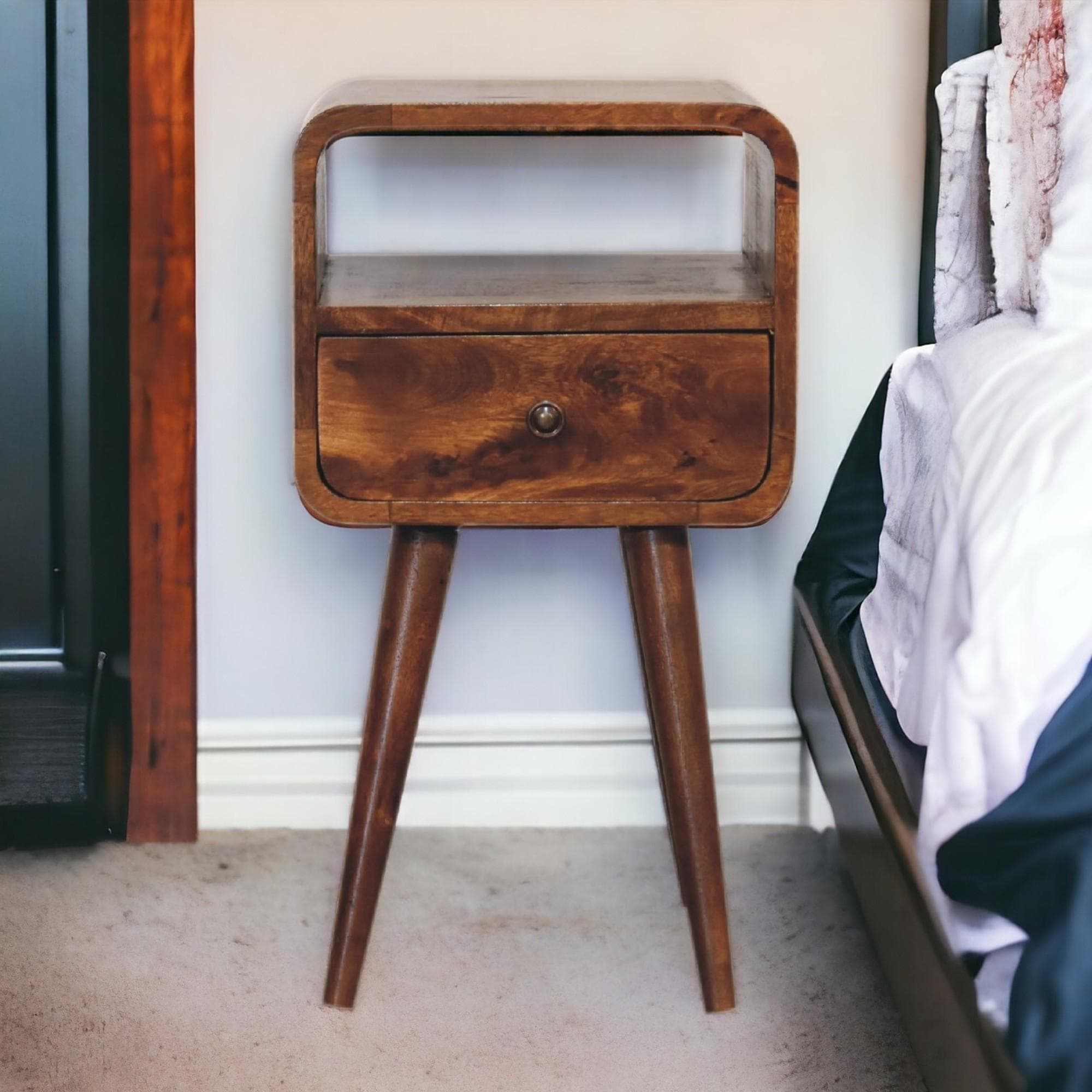 100 % Solid Mango Wood Mini Bedside Table with Drawer and Open Shelf, Hand-Finished Desk with Unique Grain, 30L x 30W x 55H cm, Brown | Aosom UK
