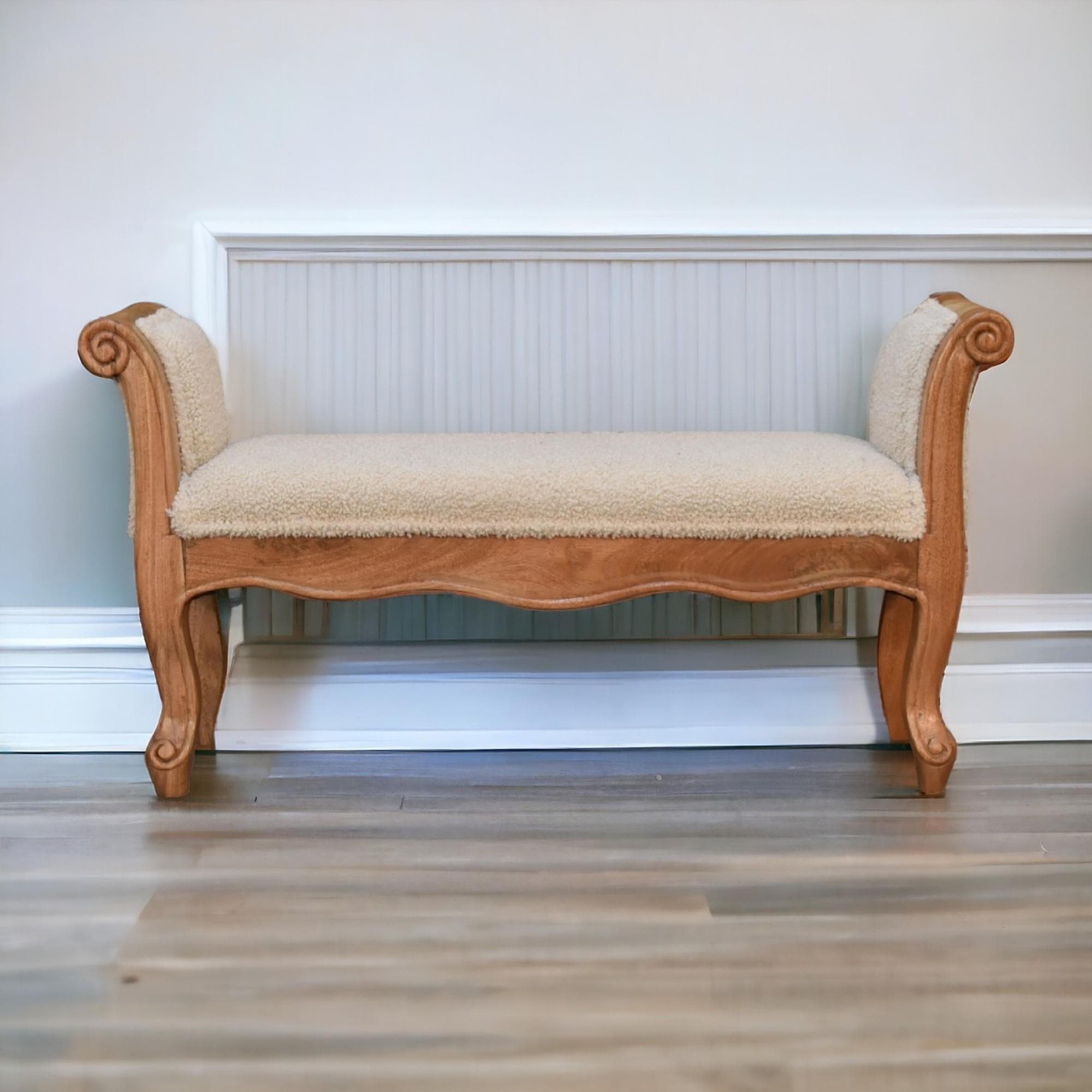 Solid Wood Boucle French Style Bench with Textural Upholstery, Handcrafted Durable Stool for Living Room, 30L x 100W x 53H cm, Brown | Aosom UK