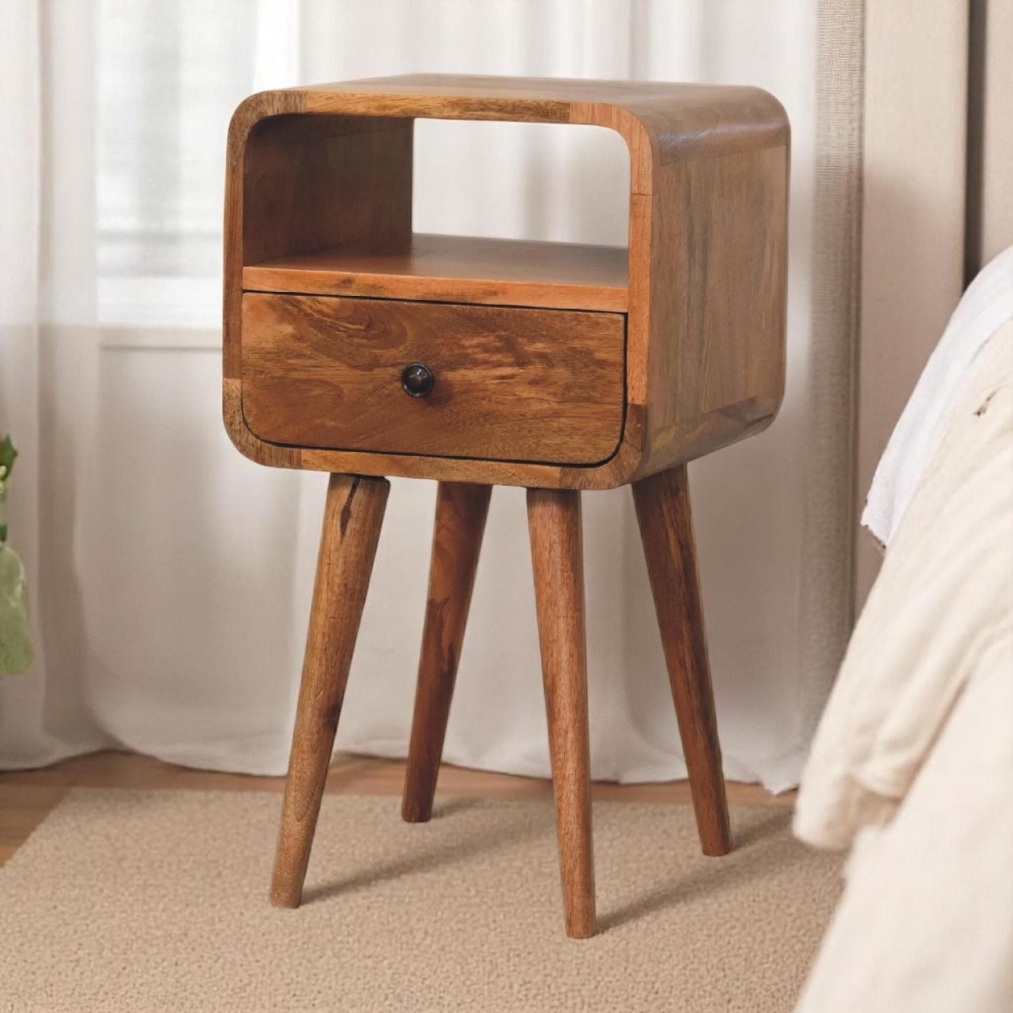 100% Solid Mango Wood Mini Bedside Table with Unique Grain, Handcrafted Desk with Drawer and Open Shelf, 30L x 30W x 55H cm, Brown | Aosom UK
