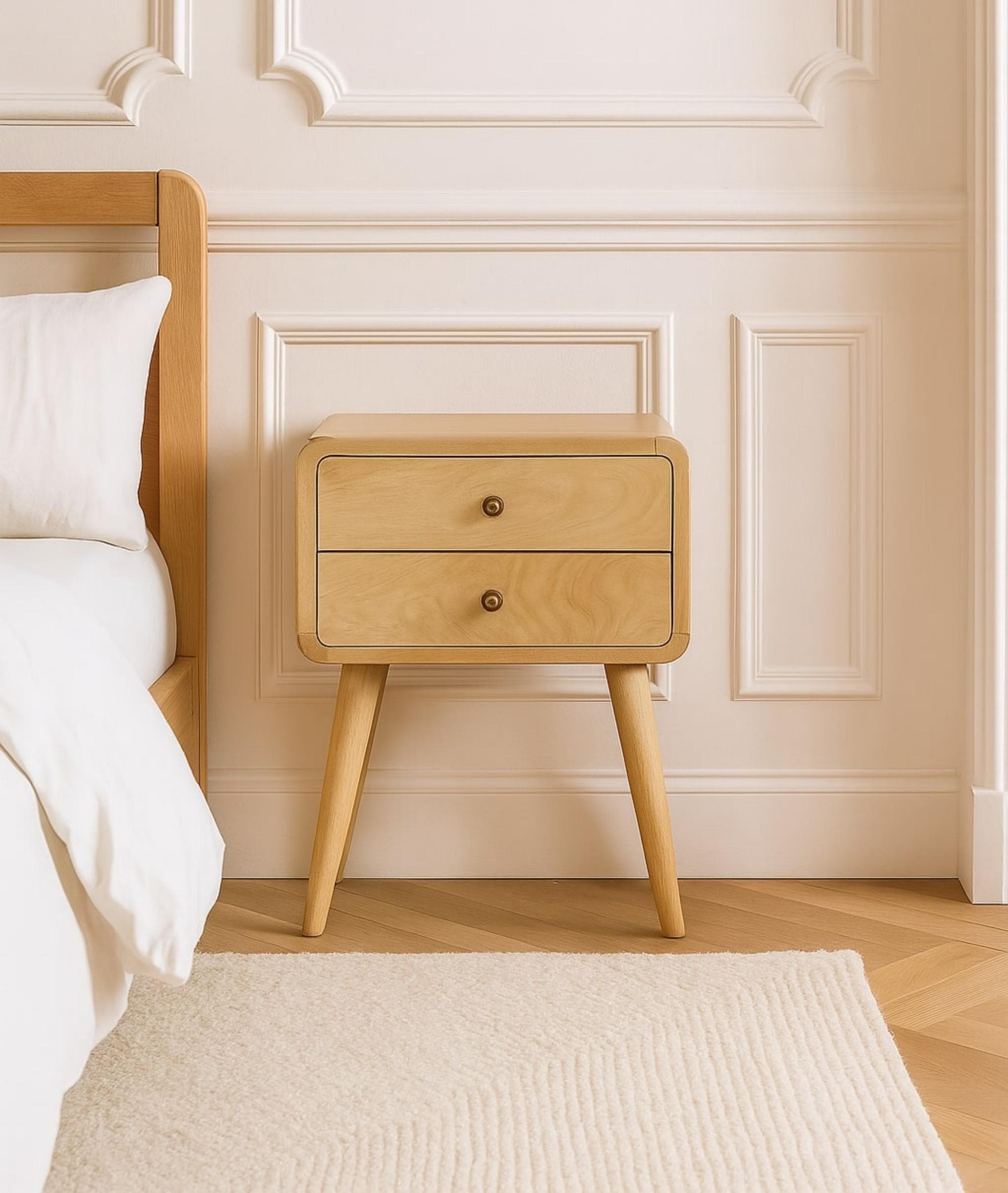 100 % Solid Mango Wood Bedside Table with 2 Smooth-Gliding Drawers, Hand-finished Desk with Nordic Legs, 35L x 45W x 55H cm, Brown | Aosom UK