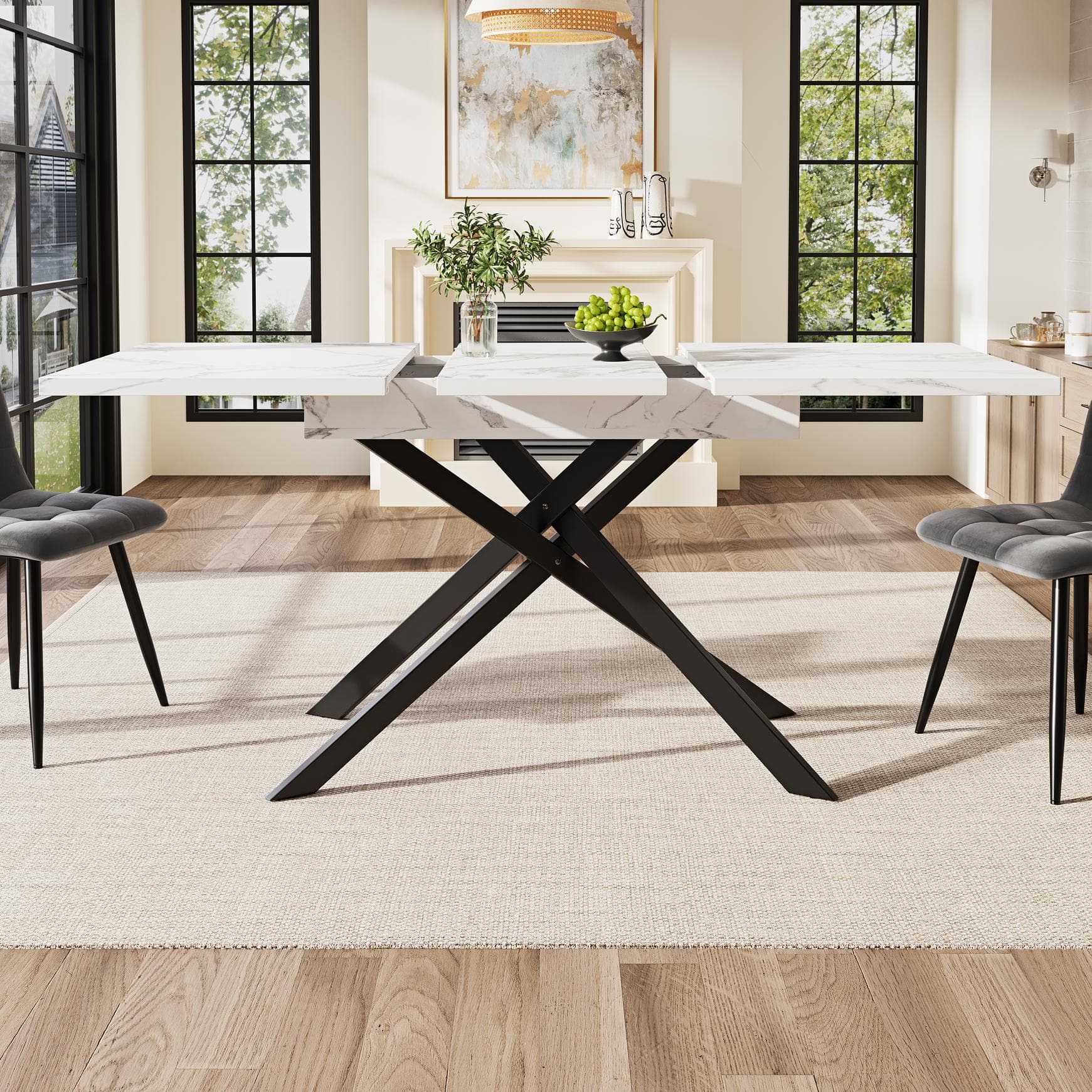 6–8 Seats Extendable Dining Table with Modern Crossed Iron Legs, Kitchen Table with Marbled MDF Top, 120-160L x 80W x 76.5H cm, White | Aosom UK