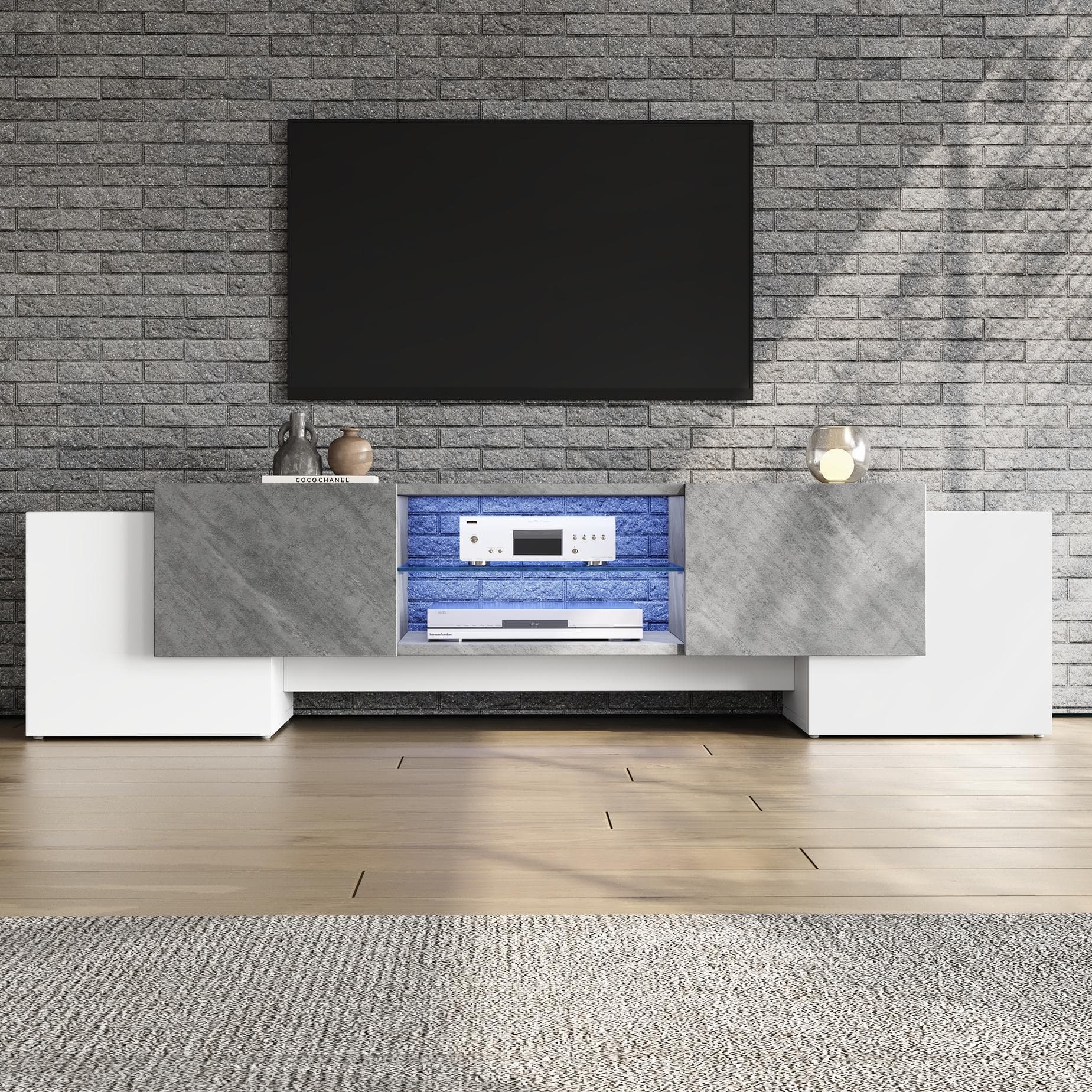 Modern TV Cabinet with App-Controlled LED Lighting, Media Cabinet with 4 Doors and 2 Open Shelves, 180L x 40W x 46.5H cm, Grey+White | Aosom UK