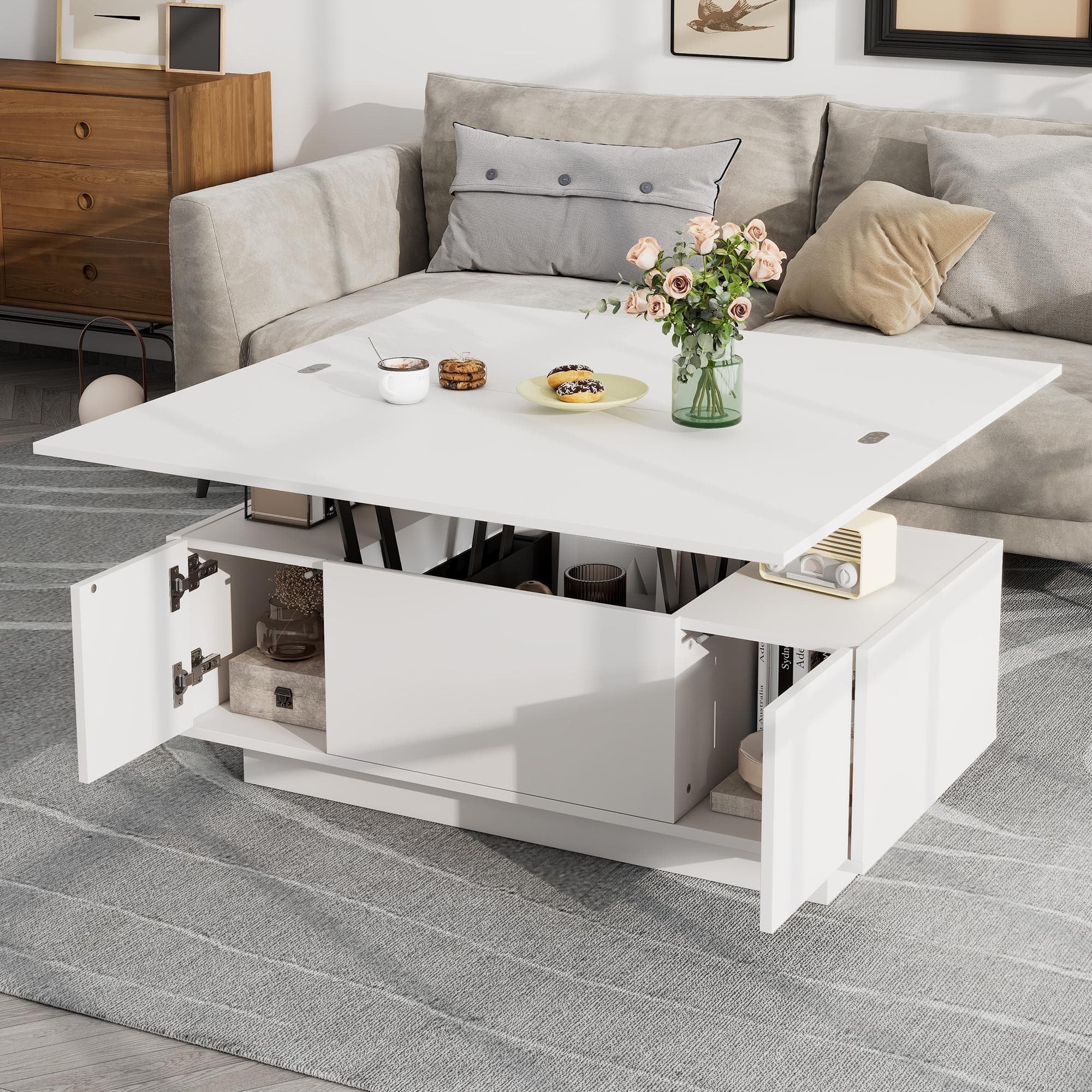 Lift-Up Coffee Table With 2 Doors, 2 Liftable Tops, 2 Cabinets, Particleboard Centre Desk With Hidden Storage, 100L x 50W x 55.5H cm, White | Aosom UK