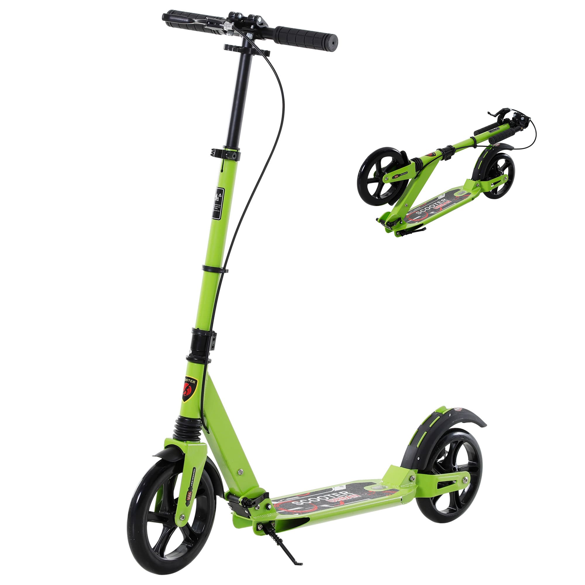 HOMCOM Teens Adult Kick Scooter Foldable Adjustable Aluminum Ride On Toy For 14+ w/ Dual Brake System, Shock Mitigation System - Green 95.5-110.5H CM