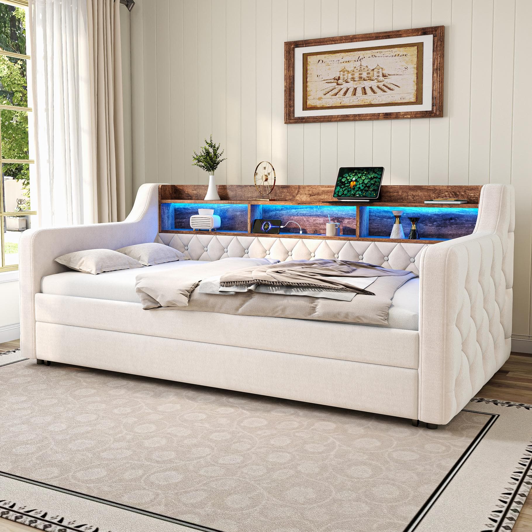 Space-Saving Sofa Bed with Adjustable LED Lighting and USB-C Port, Bed Frame with Built-in Storage Shelf, 201L x 107W x 75H cm, Beige | Aosom UK