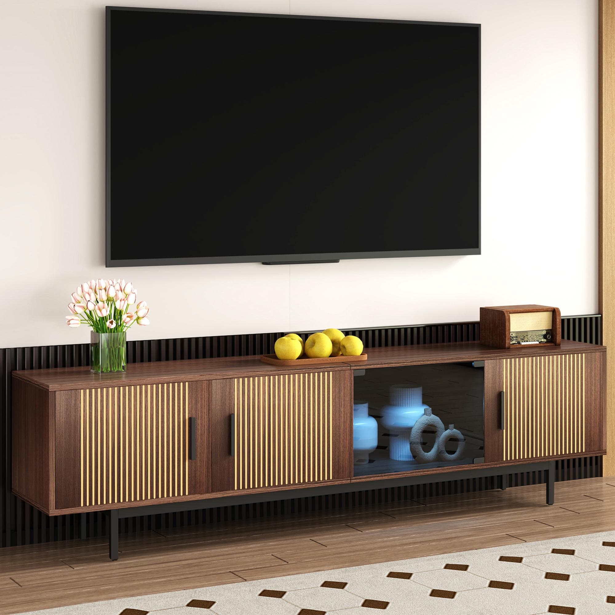 Modern TV Cabinet Lowboard with Carved Texture and Tempered Glass Doors, MDF and Particle Stand with Metal Frame, 200L x 35W x 53H cm, Wood | Aosom UK