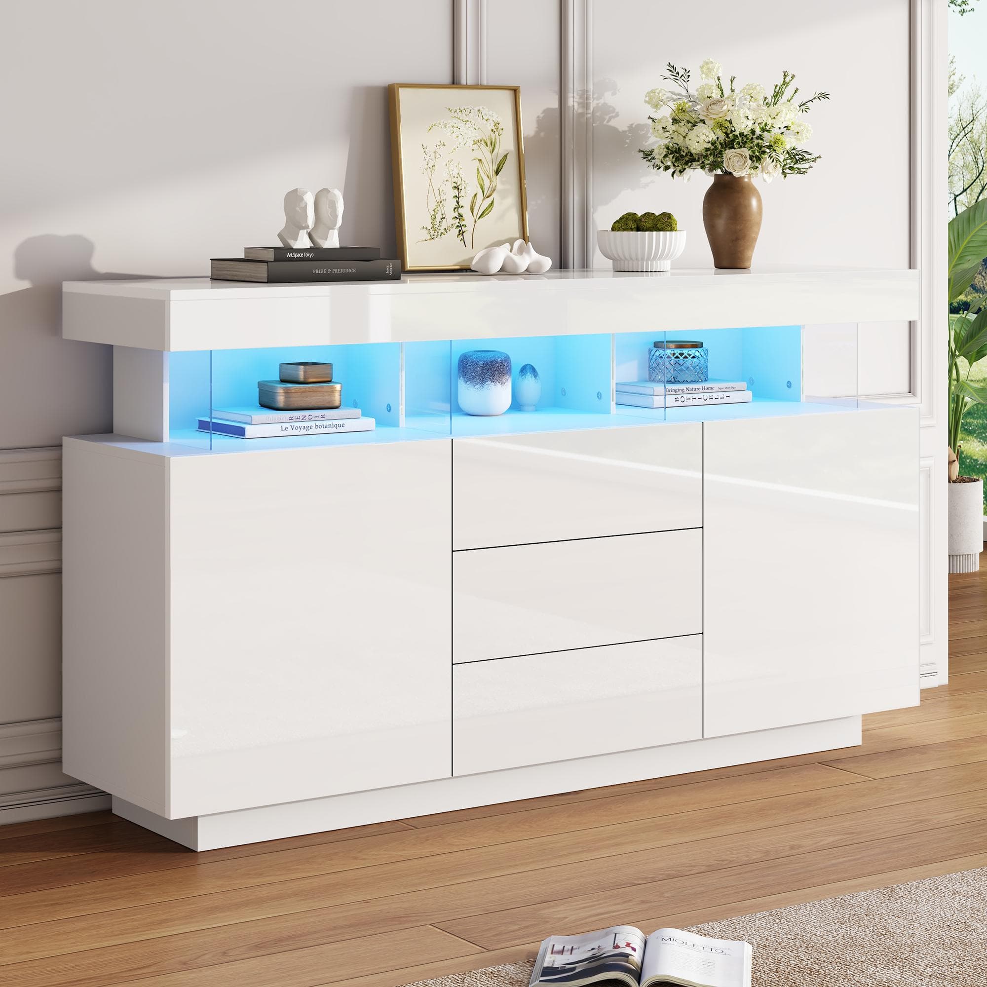 High-gloss Storage Cabinet with App-Controlled LED Lighting, Locker with Adjustable Shelves, Soft-close Drawers, 140L x 35W x 80H cm, White | Aosom UK