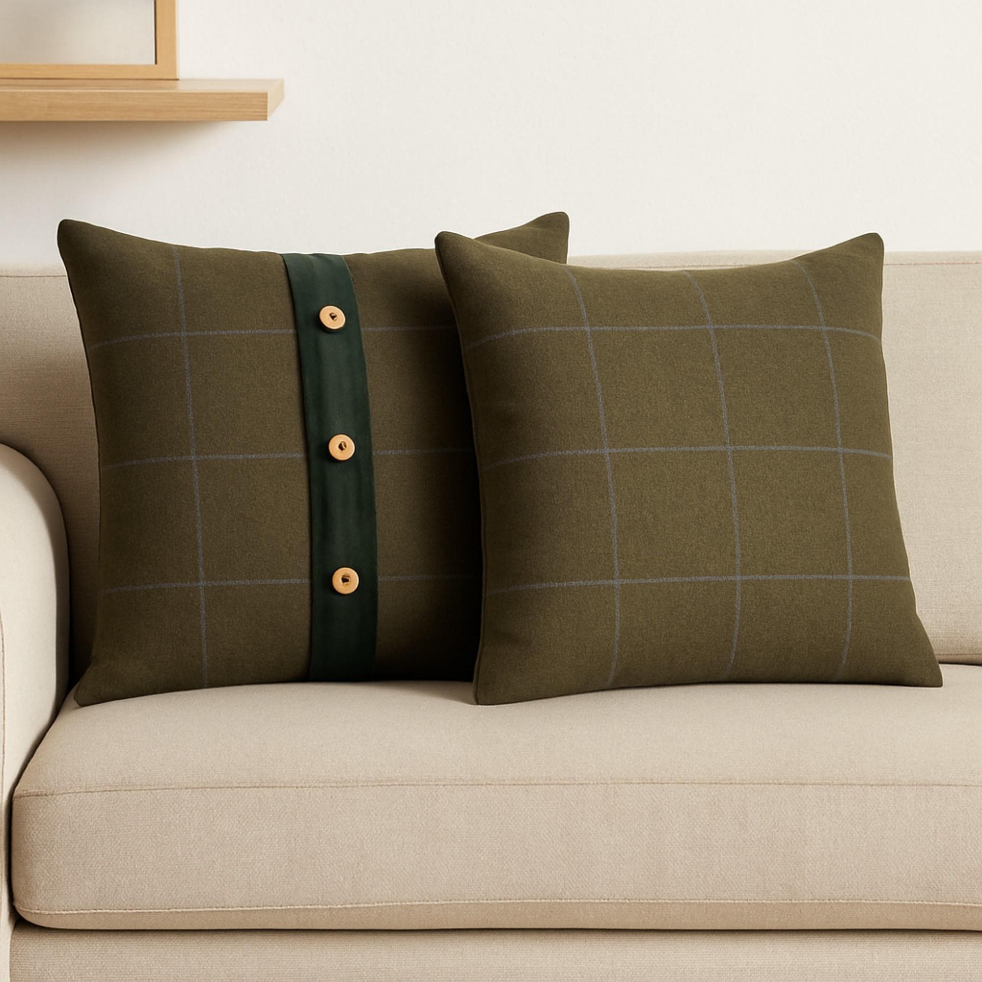Set of 2 Quinn Cushion with Soft Cotton Blend and Velvet Pile, Handcrafted Pillow Ideal for Sofa and Bed, 45L x 45W x 15H cm, Olive Green | Aosom UK