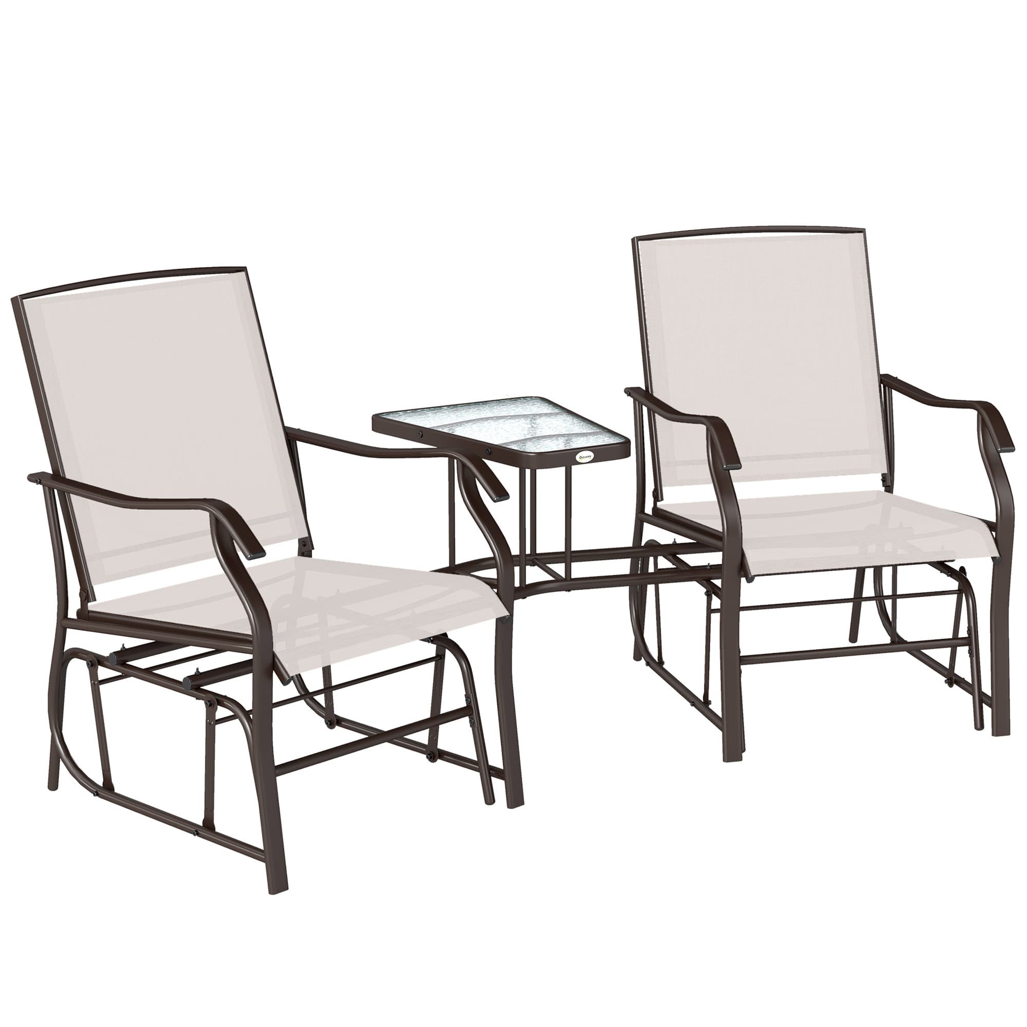 Outsunny Garden Double Glider Rocking Chairs Gliding Love Seat with Middle Table Conversation Set Patio Backyard Relax Outdoor Furniture Beige