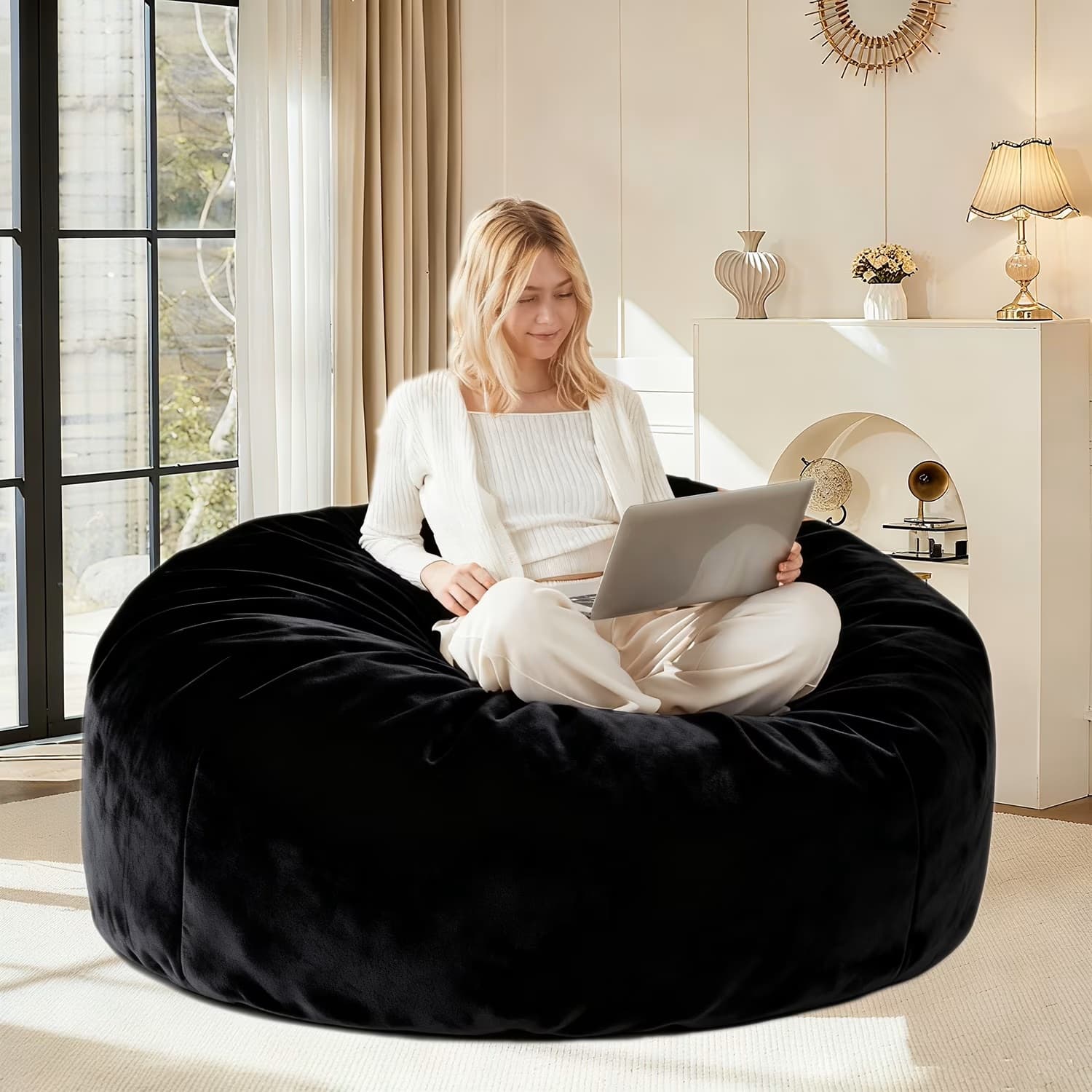 5-Foot Bean Bag Sofa Chair with Easy-Care Cover and Sustainable Filling, Lounger for Pressure-Relieving, 120L x 120W x 60H cm, Black | Aosom UK