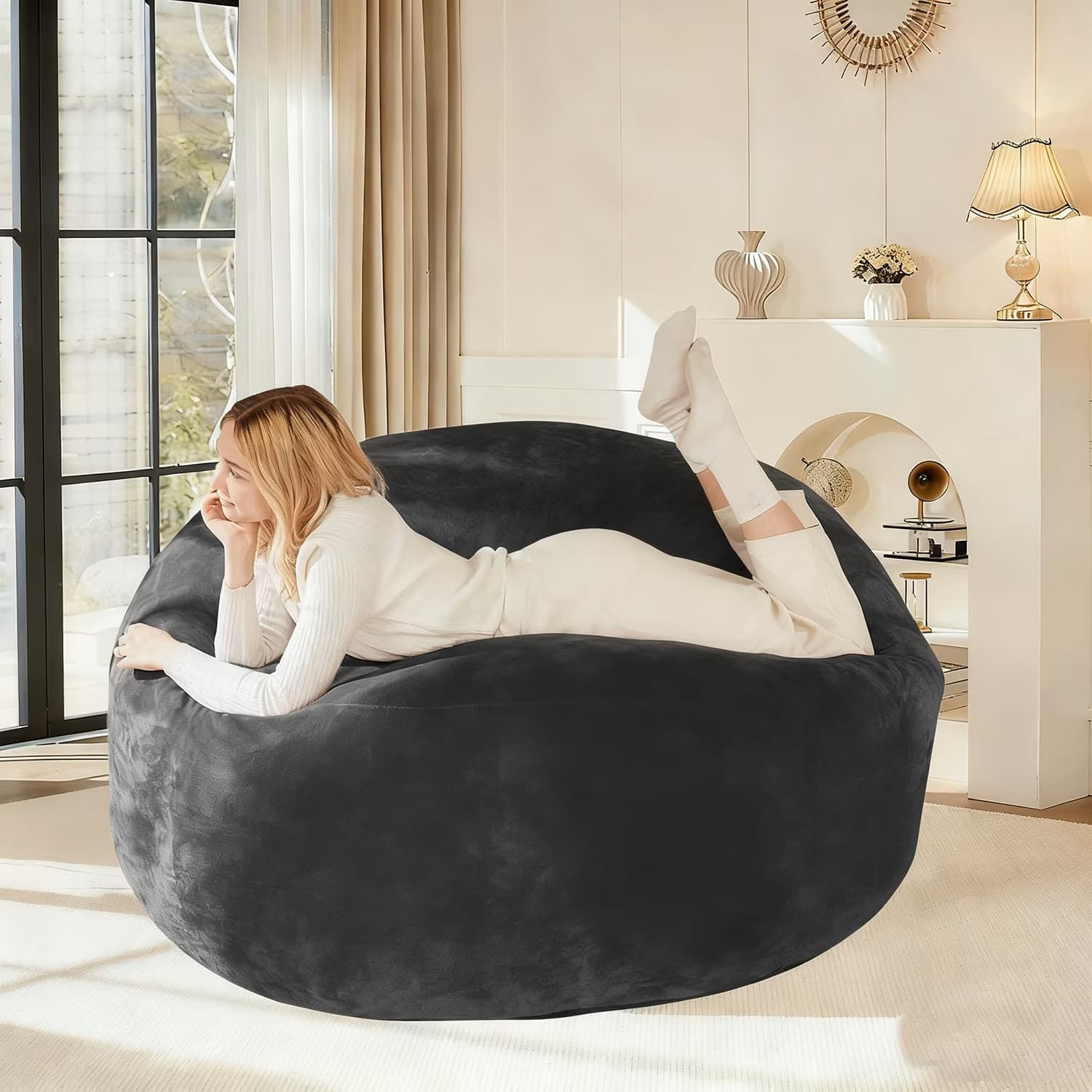 5-Foot Bean Bag Sofa Chair with Eco-Friendly Bead Filling, Reading Lounger Perfect for Pressure-Relieving, 120L x 120W x 60H cm, Dark Gray | Aosom UK