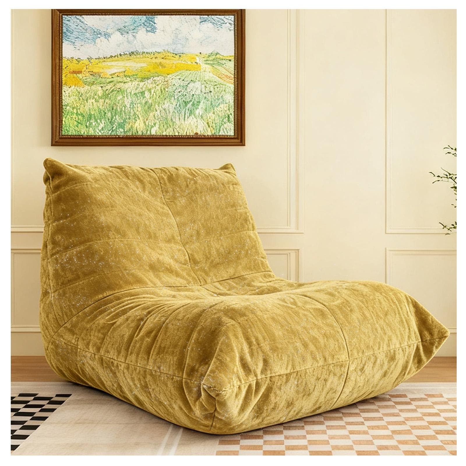 Chenille Bean Bag Lazy Sofa with High-Rebound Sponge, Ergonomic Soft Chair for Family, Children and Pets, 110L x 90W x 67H cm, Yellow | Aosom UK
