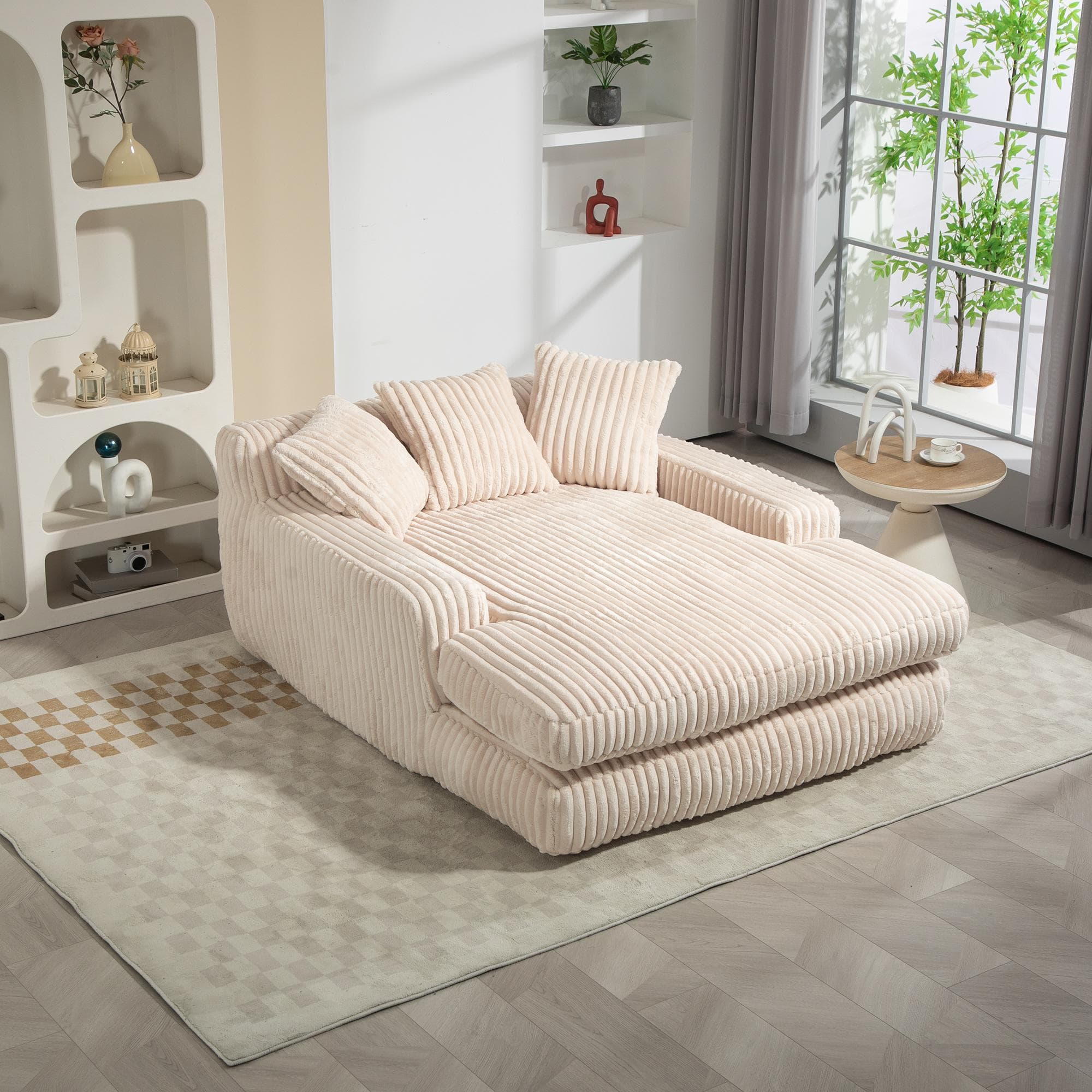 Oversized Chaise Longue Sofa with 3 Throw Cushions and Wide Armrests, Chair with Shredded Memory Foam Seat, 155L x 125W x 63H cm, Beige | Aosom UK