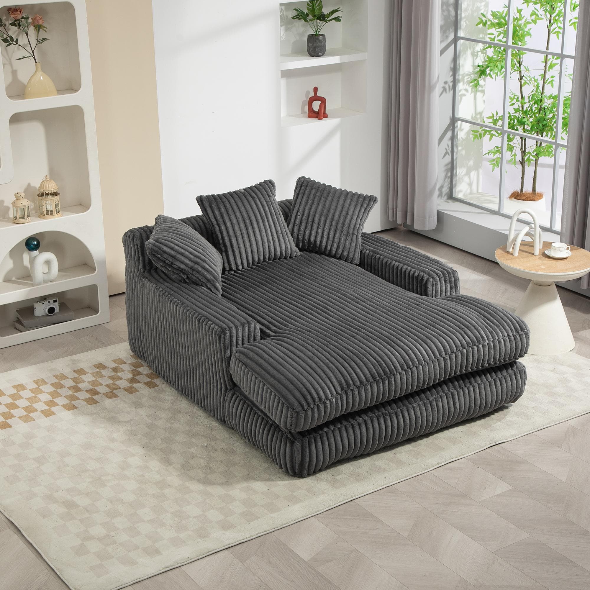 Oversized Chaise Longue Sofa with 3 Throw Cushions and Wide Armrests, Chair with Shredded Memory Foam Seat, 155L x 125W x 63H cm, Dark Gray | Aosom UK