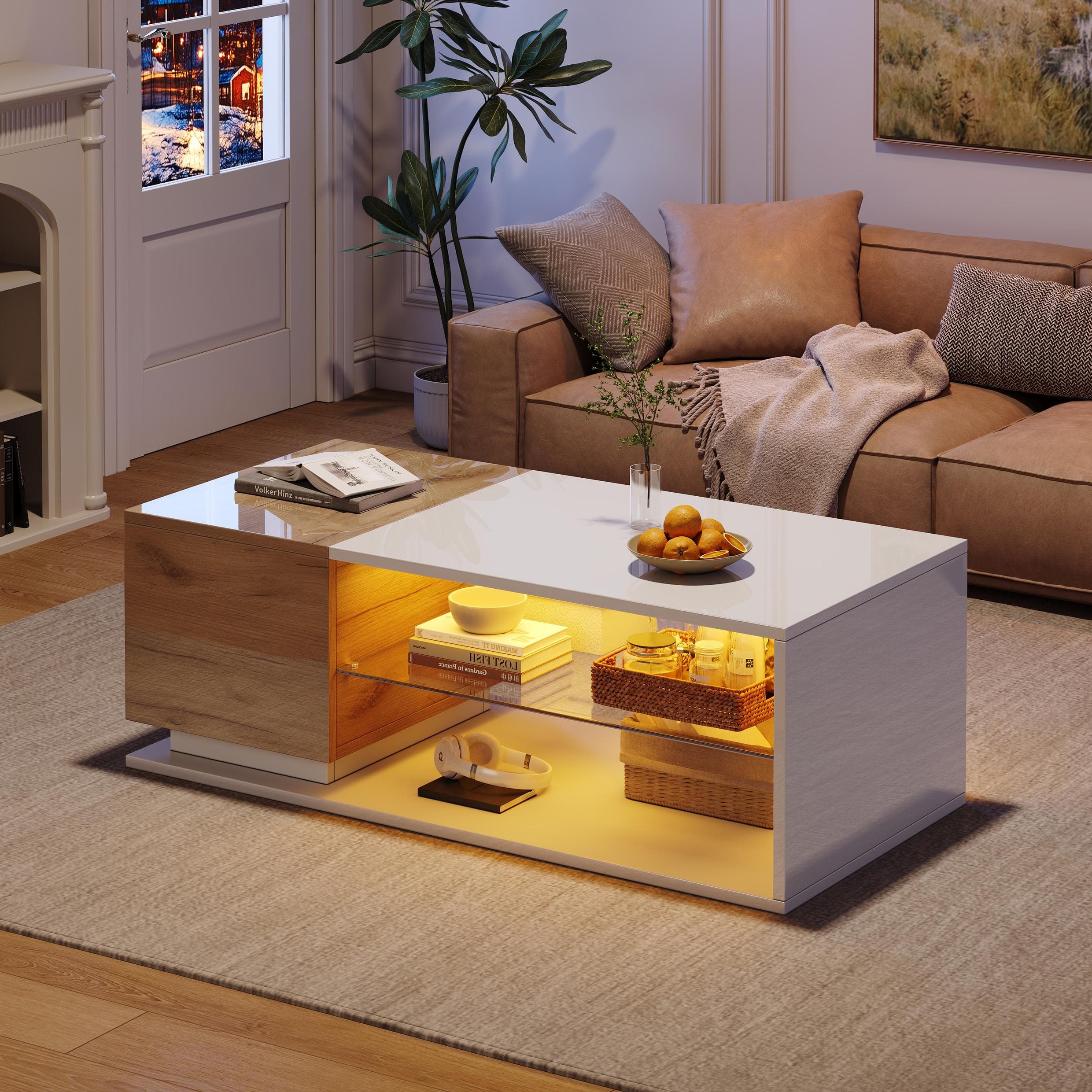High-Gloss Coffee Table with Open Centre 2-Tier Storage and App-Controlled LED Strip, Desk for Living Room, 105L x 50W x 36H cm, White+Wood | Aosom UK