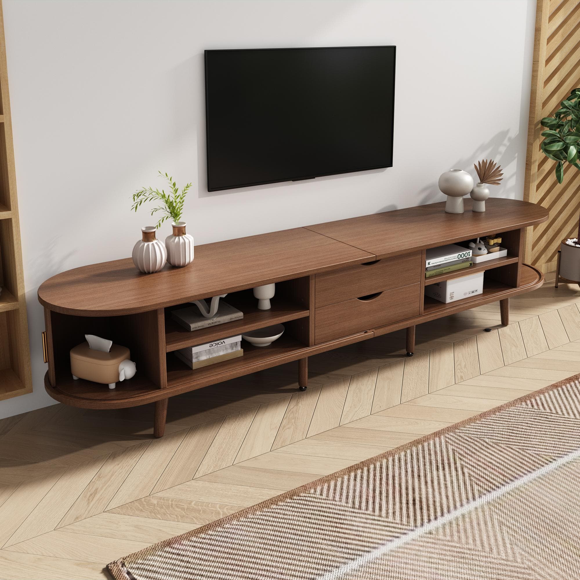 Durable Oval TV Unit with 2 Sliding Doors and 2-Tier Storage Shelves, High‑Legged TV Stand for Living Room, 175L x 40W x 40H cm, Oak | Aosom UK