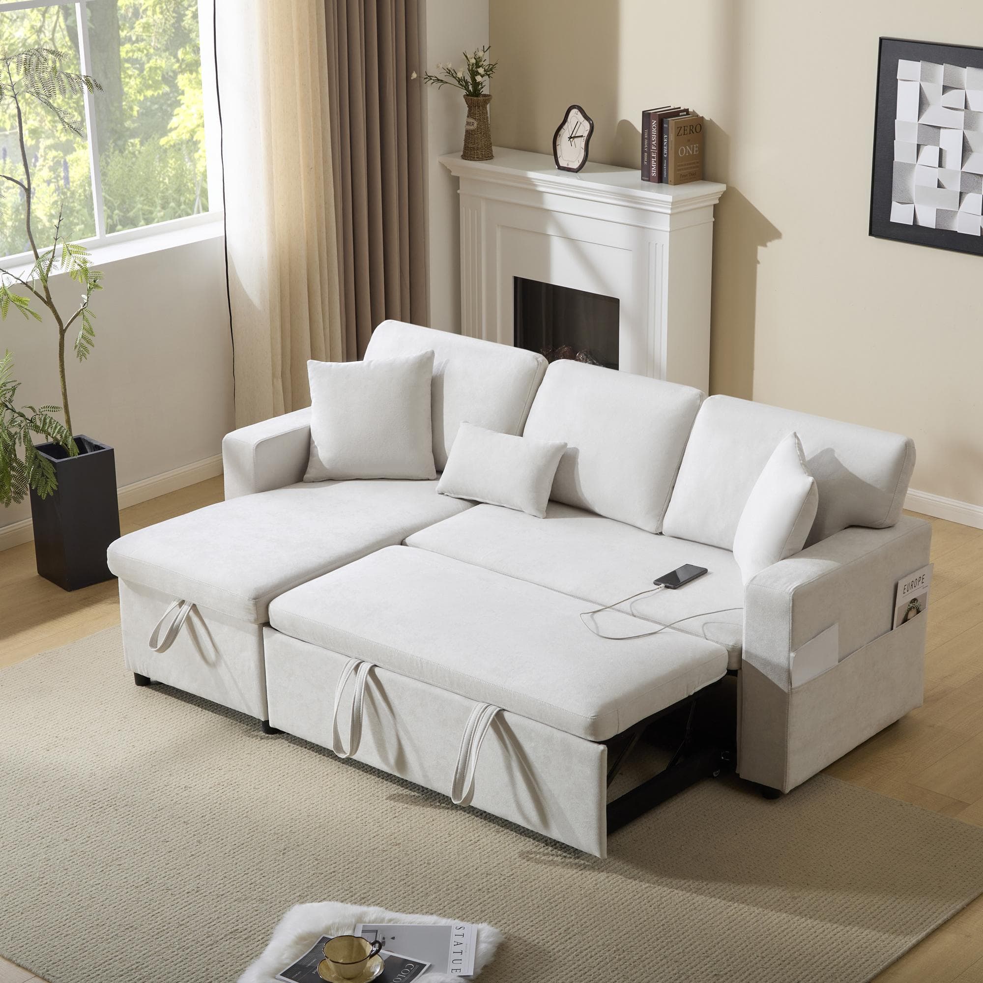 3 Seater Corner Sofa with Integrated Side Shelf and Built-in USB, Modular Sofa with Footstool and 3 Cushions, 214L x 131W x 87H cm, Beige | Aosom UK