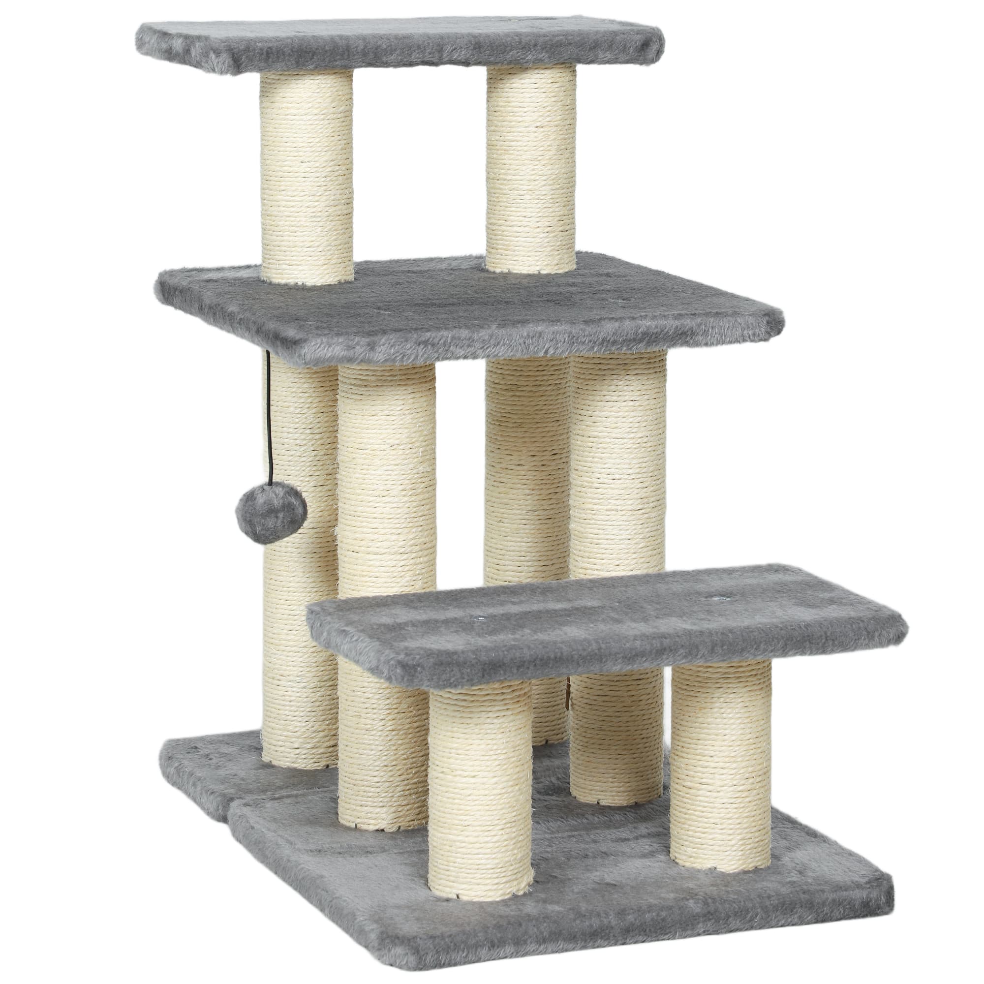 PawHut Adjustable 3-Step Pet Stairs Cat Dog Ladder Sisal Scratching Posts Ball 52x34.5x54cm Gray