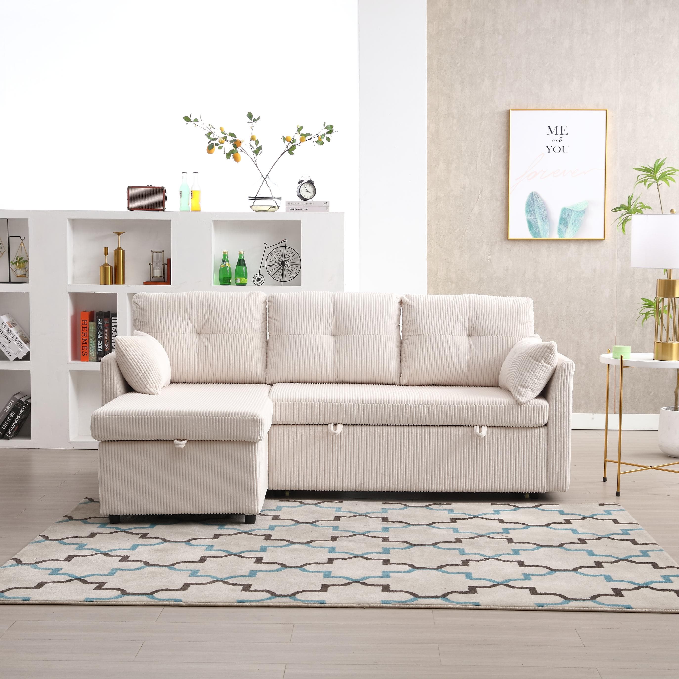 L-Shaped Convertible Sleeper Sofa with Pull Out Bed, 3-In-1 Convertible Sofa with High Storage Chaise, 206L x 130W x 88H cm, Beige | Aosom UK