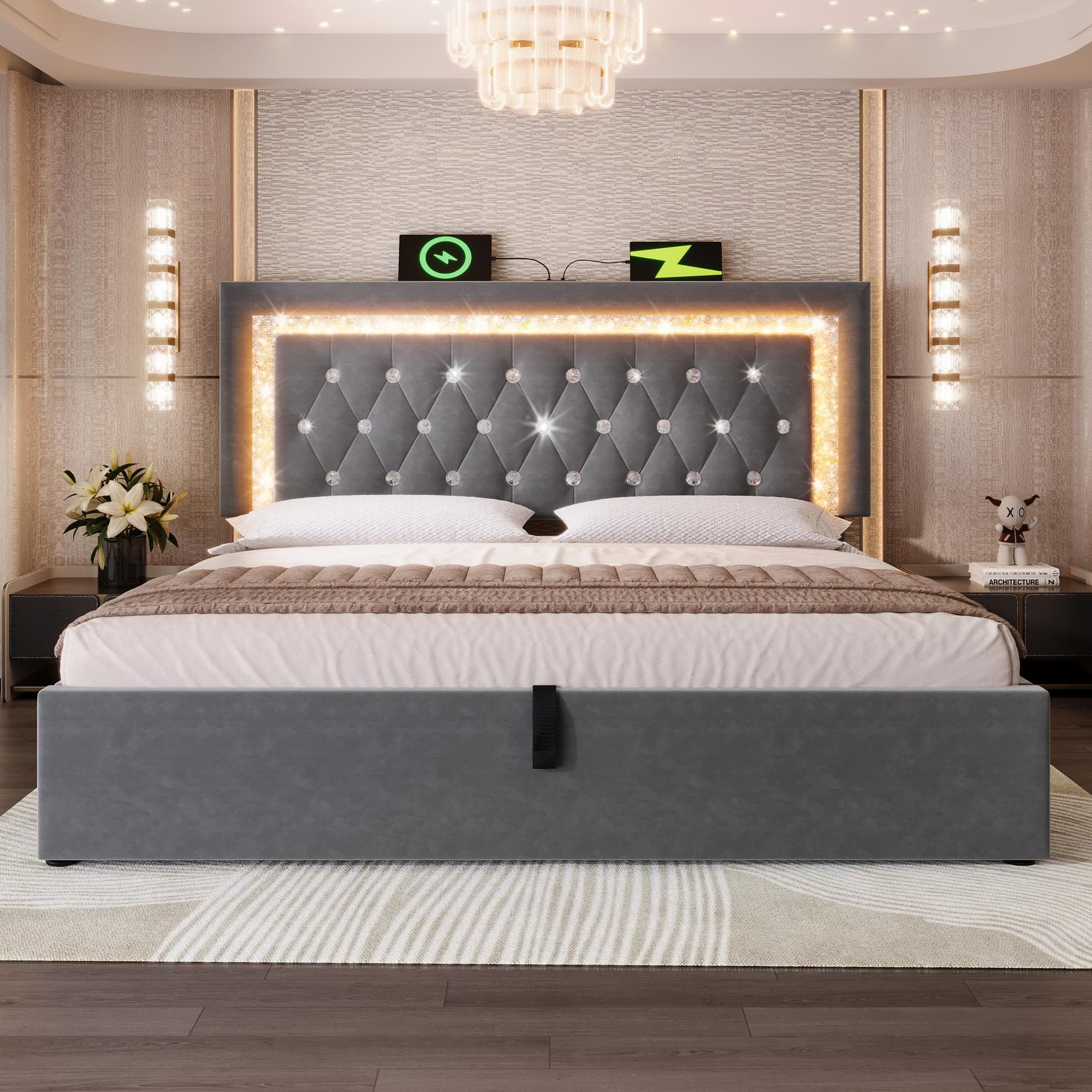 Upholstered Bed with Built-In USB Ports and Type-C Charging, Hydraulic Storage Bed with Adjustable Headboard, 214L x 160W x 108H cm, Grey | Aosom UK