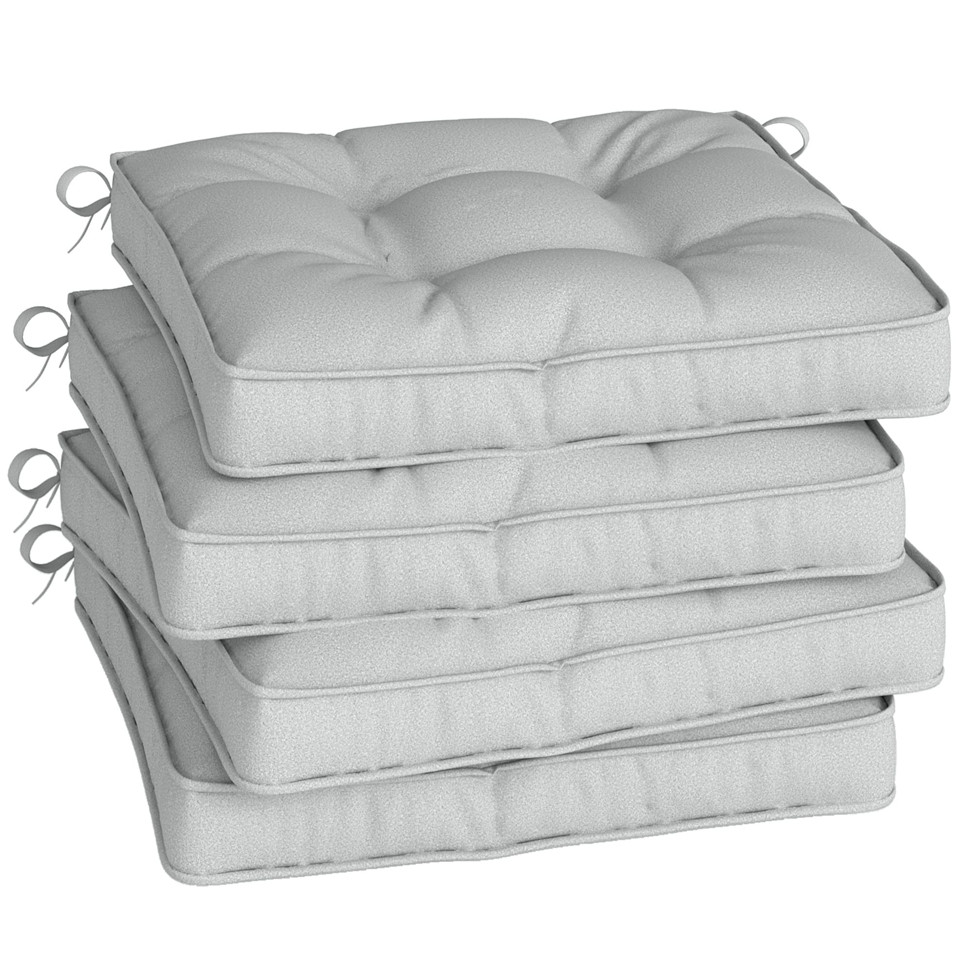 Outsunny Set of 4 Garden Seat Cushion with Ties, 42 x 42cm Replacement Dining Chair Seat Pad, Light Grey