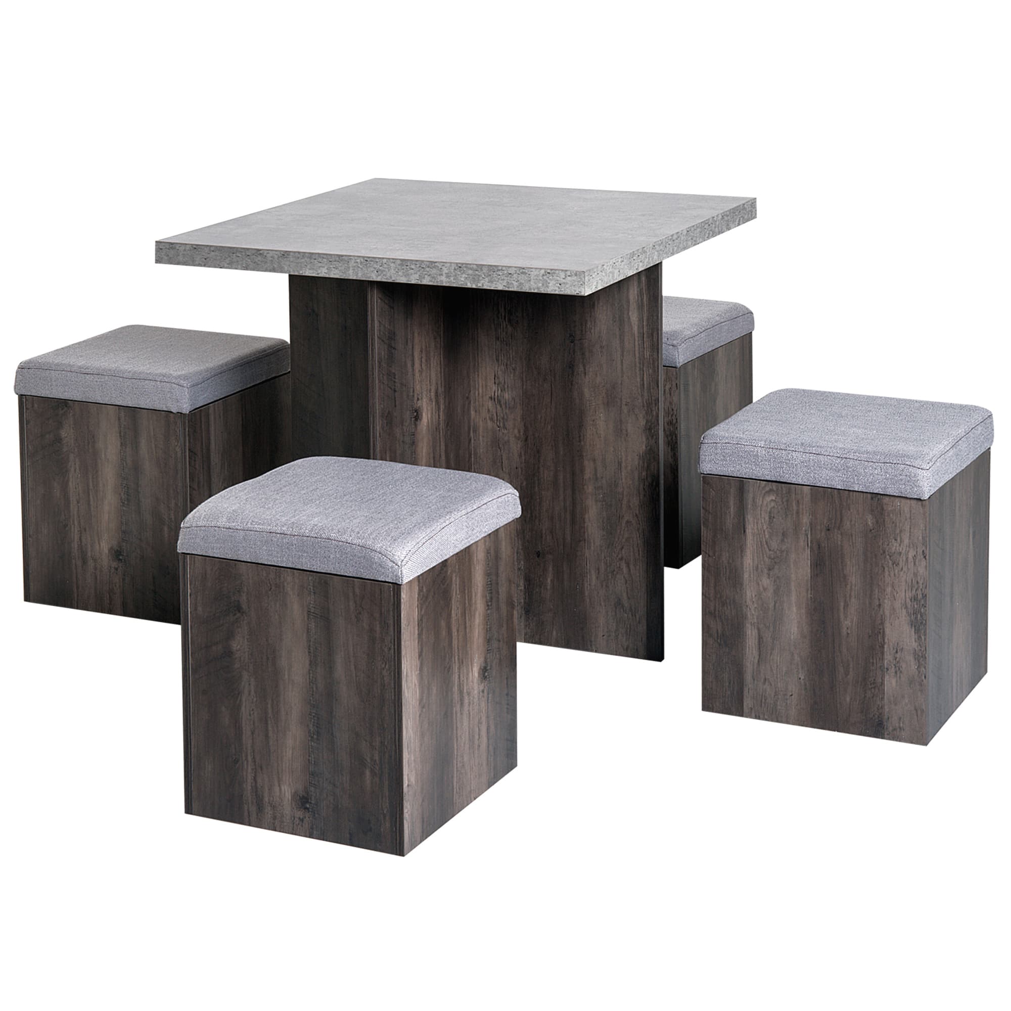 HOMCOM 5PC Dining Set Garden Patio Wooden Set 4 Storage Stools Footrest Ottoman with Cushions + 1 Table Space Saving Design Indoor Outdoor | Aosom UK