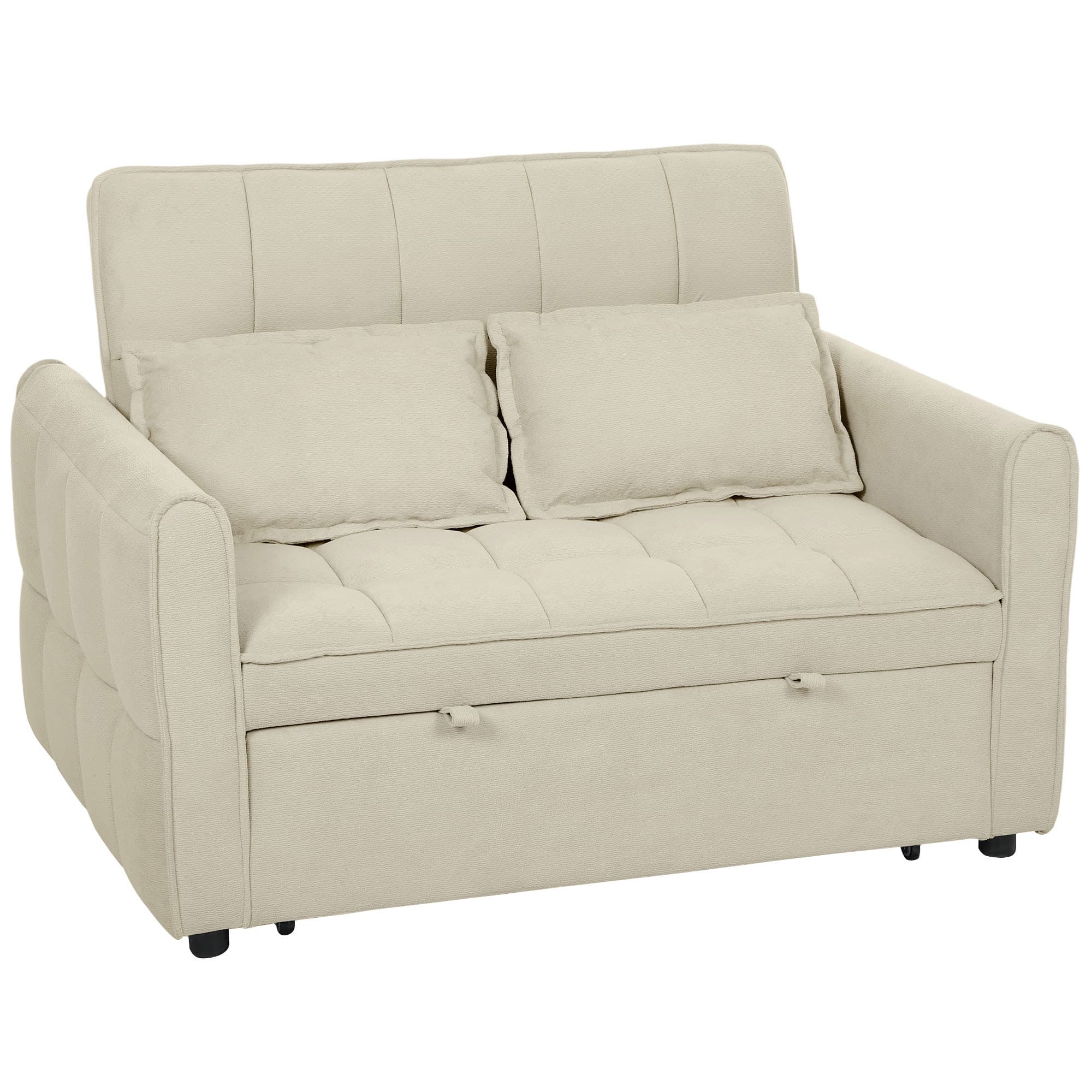 HOMCOM 2 Seater Sofa Bed, 3-in-1 Convertible Sleeper Sofa with Click-clack Adjustable Backrest and 2 Pillows, Light Brown