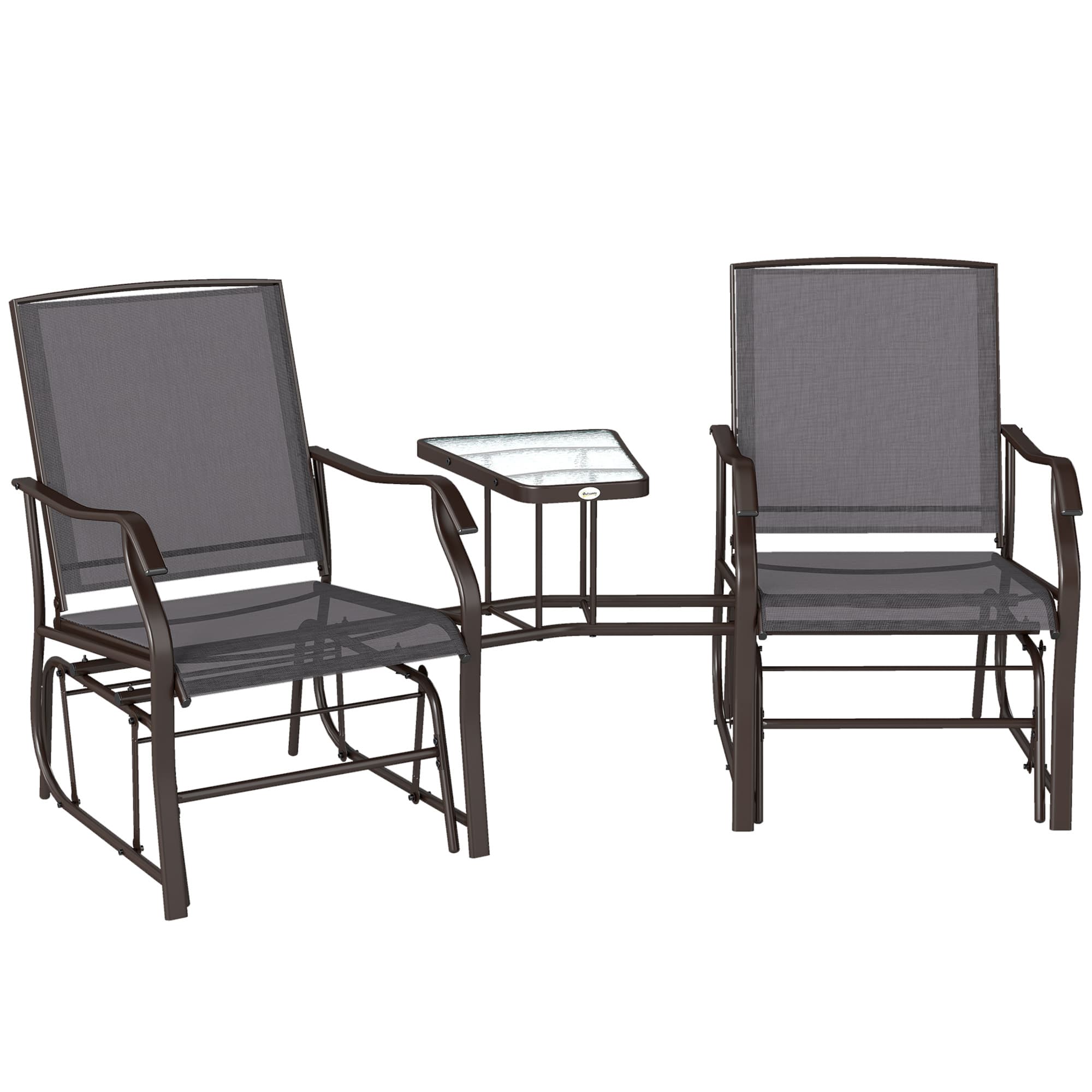 Outsunny Garden Double Glider Rocking Chairs Gliding Love Seat with Middle Table Conversation Set Patio Backyard Relax Outdoor Furniture Grey