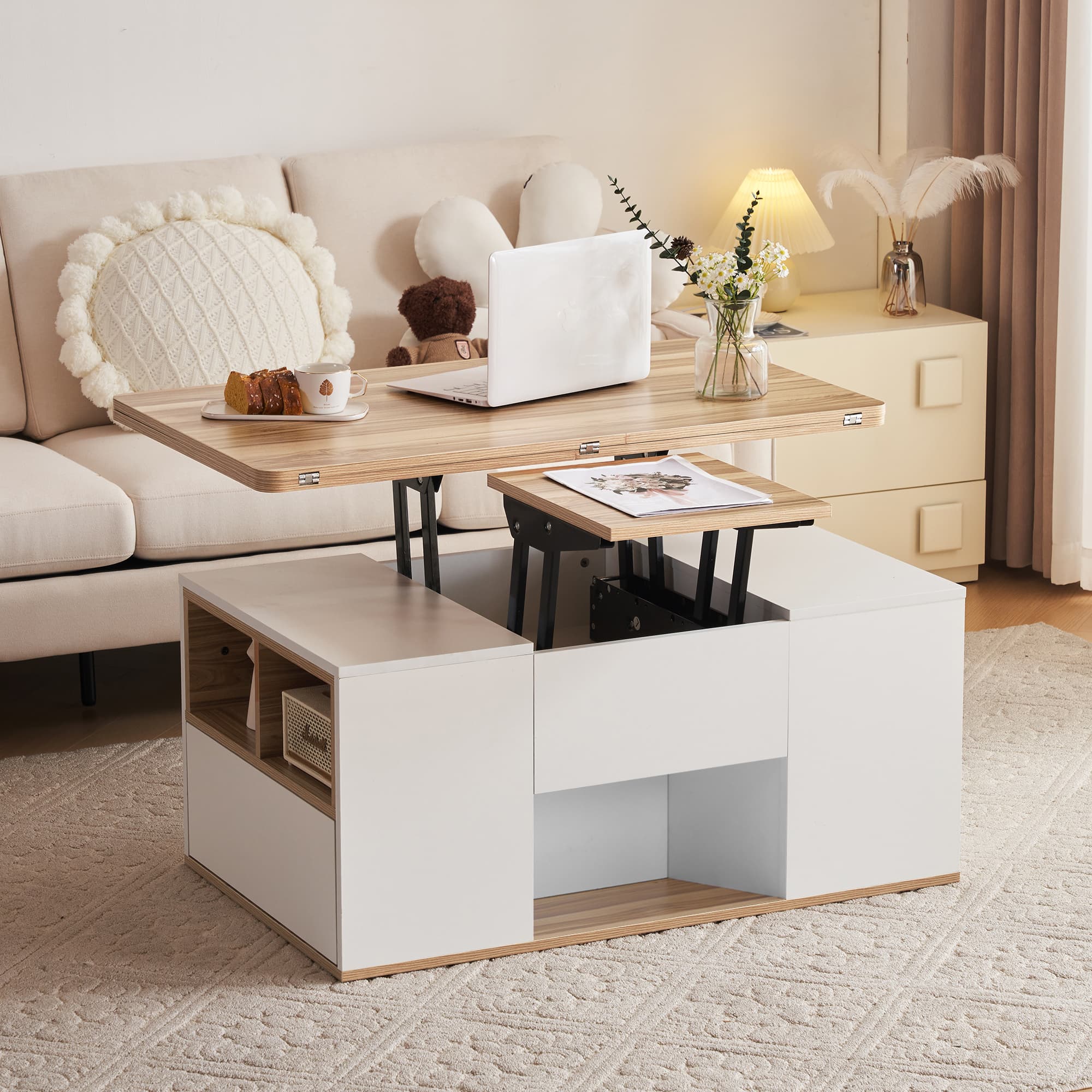 Lift-Top Coffee Table with Storage, 3 Drawers and Adjustable Height, Sofa End Tea Tables, Living Room, 100x51x47 cm, White & Oak | Aosom UK