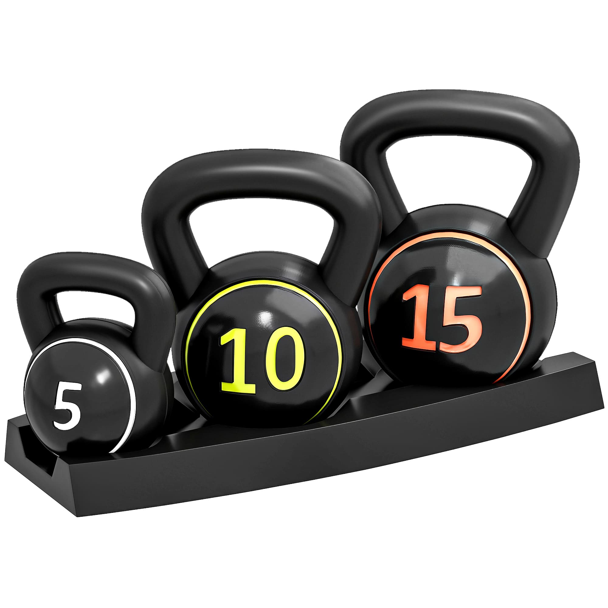 SPORTNOW Kettlebell Set with Storage Rack, 3-Piece Weights for Strength Training, Home Gym, 5lbs, 10lbs, 15lbs