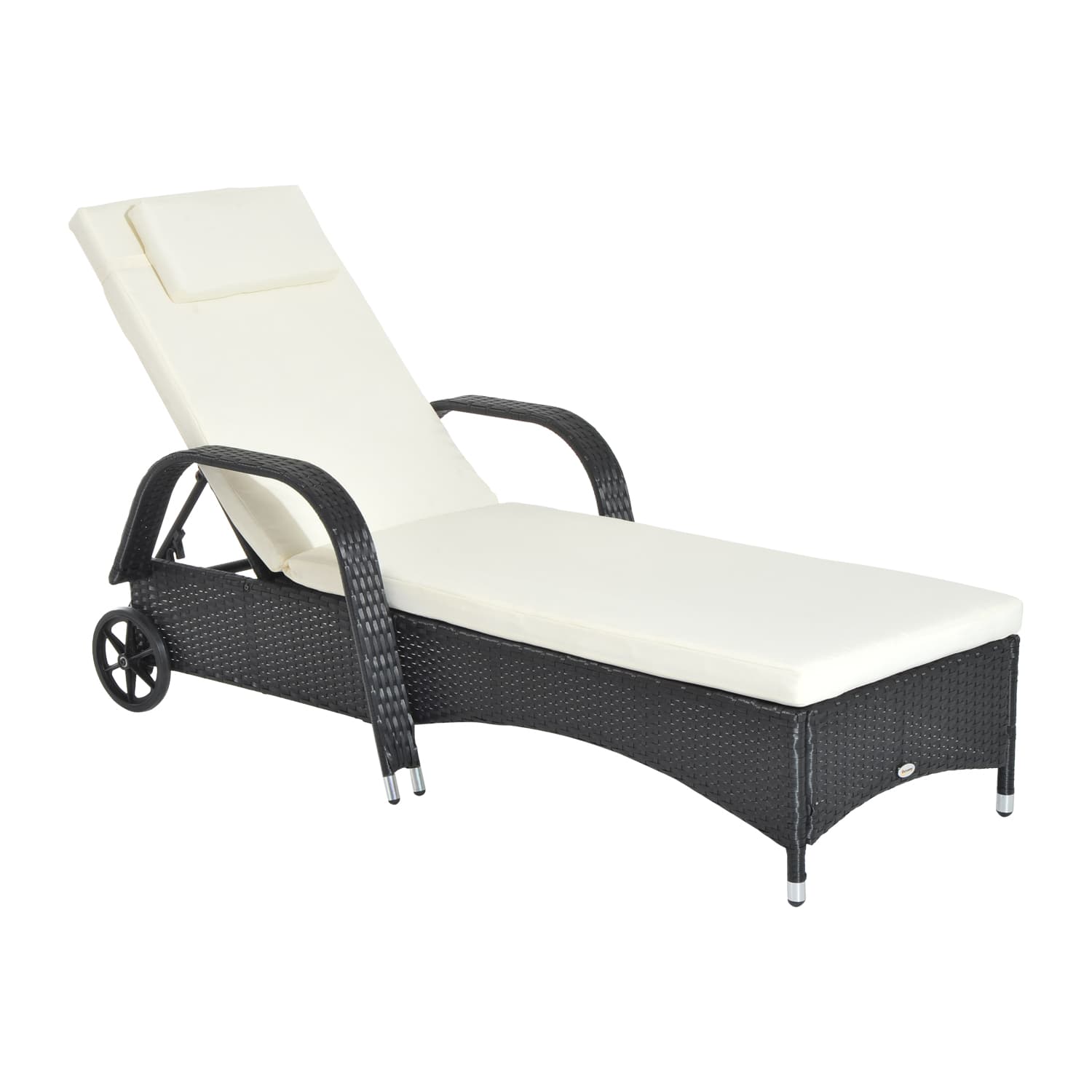 Outsunny Waterproof Rattan Sun Lounger Recliner Bed, Garden Patio Outdoor Wicker Adjustable Headrest Furniture, Black | Aosom UK