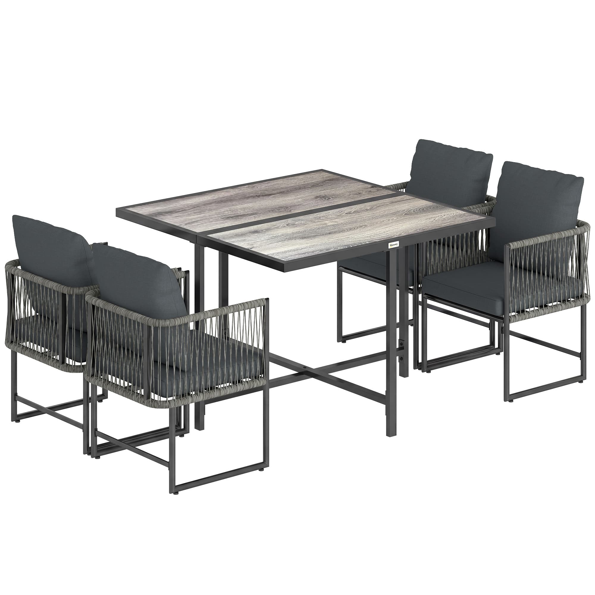Outsunny 4-Seater Garden Dining Set, Rattan Outdoor Furniture with Space-Saving Chairs and Thick Cushions for Patio Balcony Black