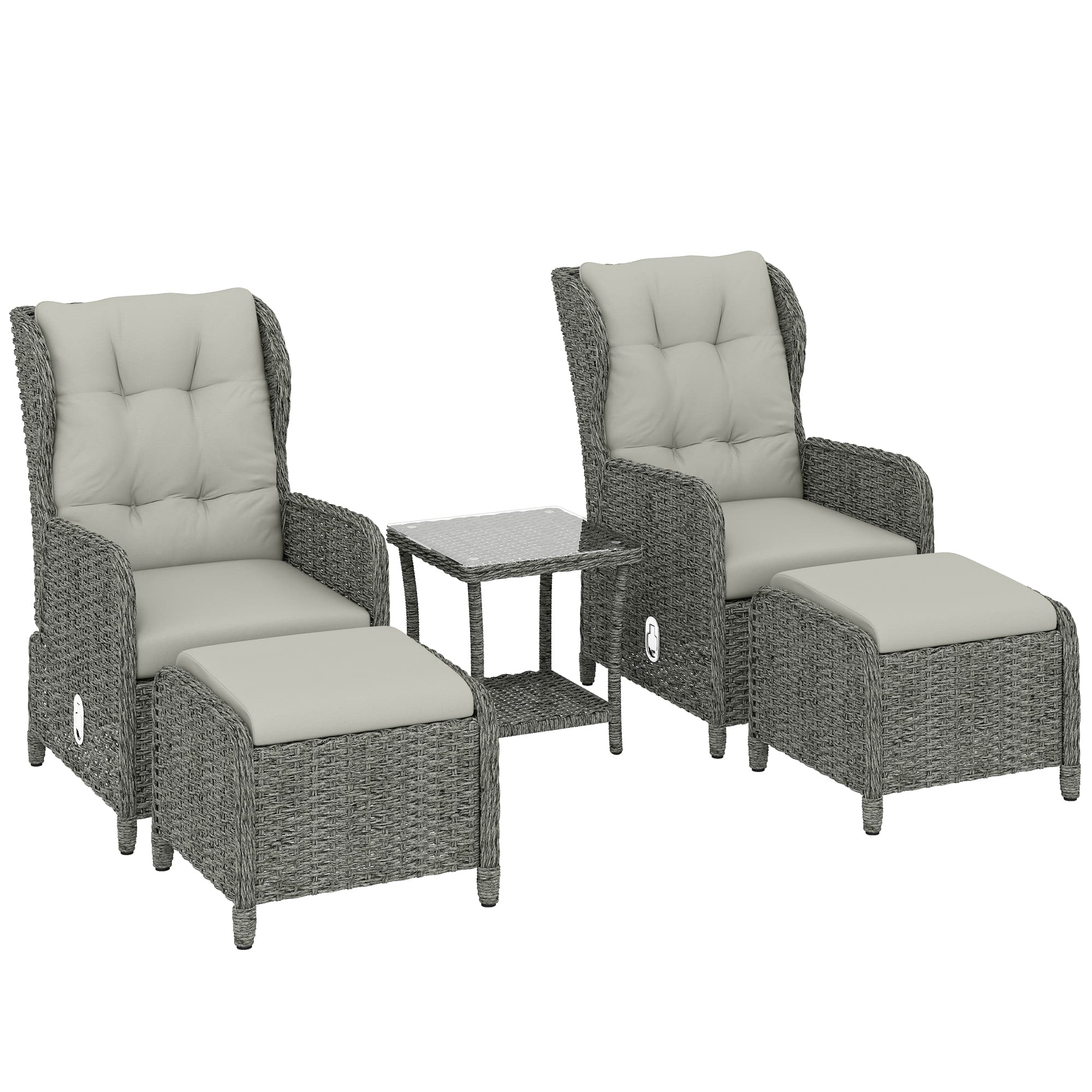 Outsunny 5 Piece Rattan Reclining Garden Chair, Garden Furniture Set Set of 2 with Footstool and Cushion for Balcony, Cream | Aosom UK