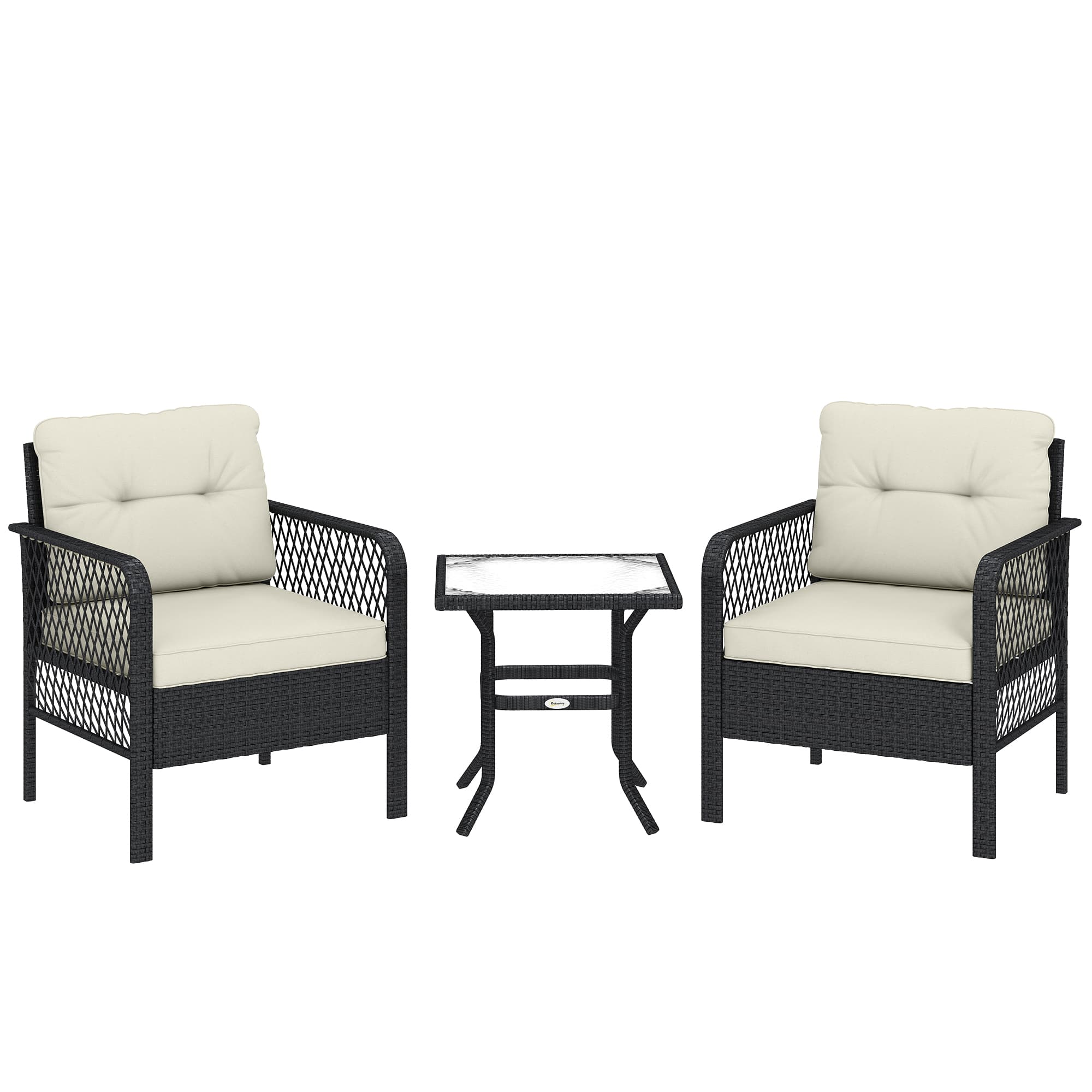 Outsunny 3 Pieces Rattan Bistro Set with Glass Top Coffee Table, Chairs and Cushions for Outdoor, Patio, Balcony, Cream