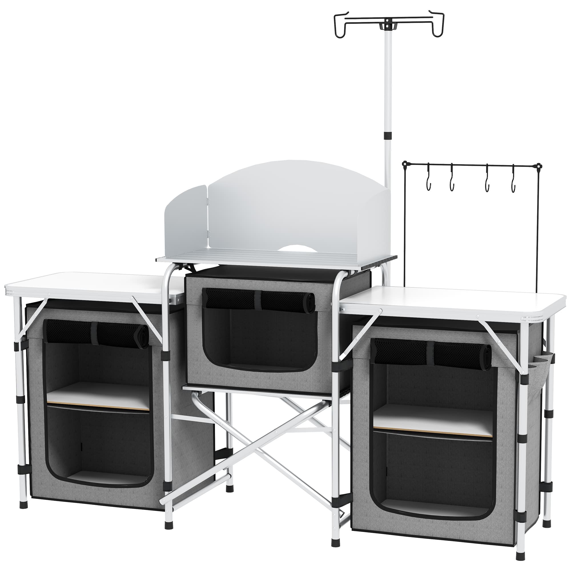 Outsunny Compact Camping Kitchen, Aluminium Portable Outdoor Cooking Station with Windshield, Storage Cupboards & Carry Bag for BBQ, Silver | Aosom UK
