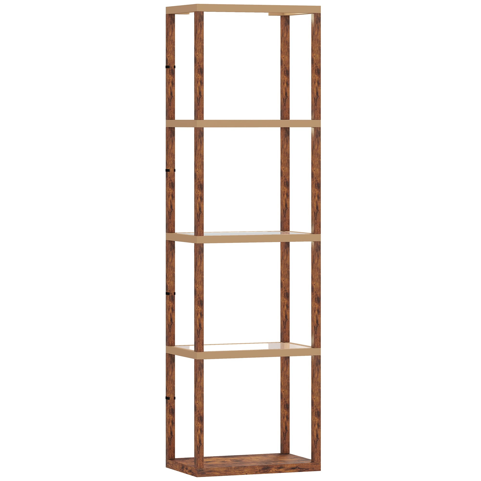 HOMCOM LED Floor Lamp with Glass Shelves, 4 Layers Dimmable Tall Standing Lamp, Modern Column Shelf Floor Light for Living Room, Bedroom, Office, Rustic Brown