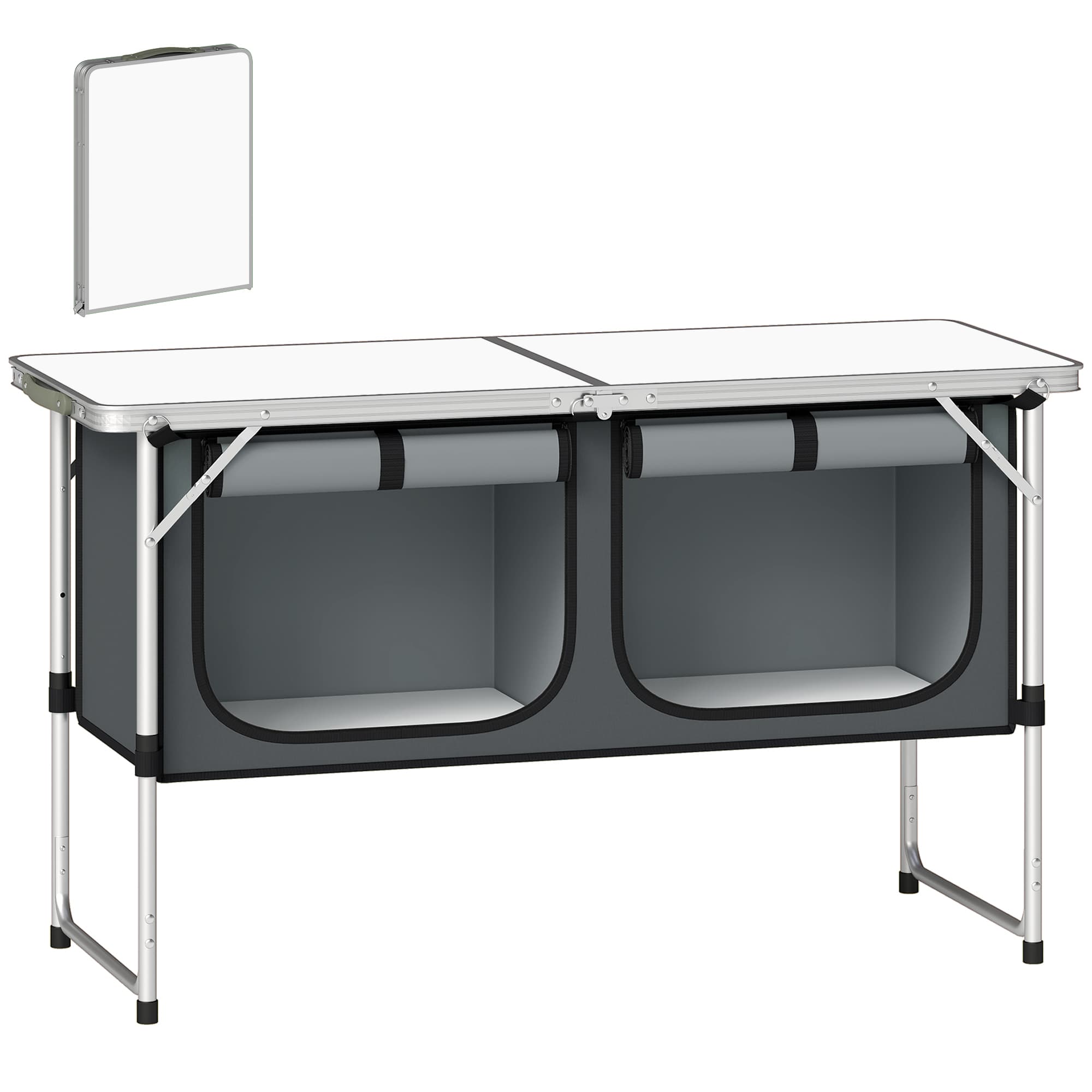 Outsunny Camping Cupboards Folding Portable Aluminium Camp Cook Station with Storage Cupboard for Outdoor BBQ