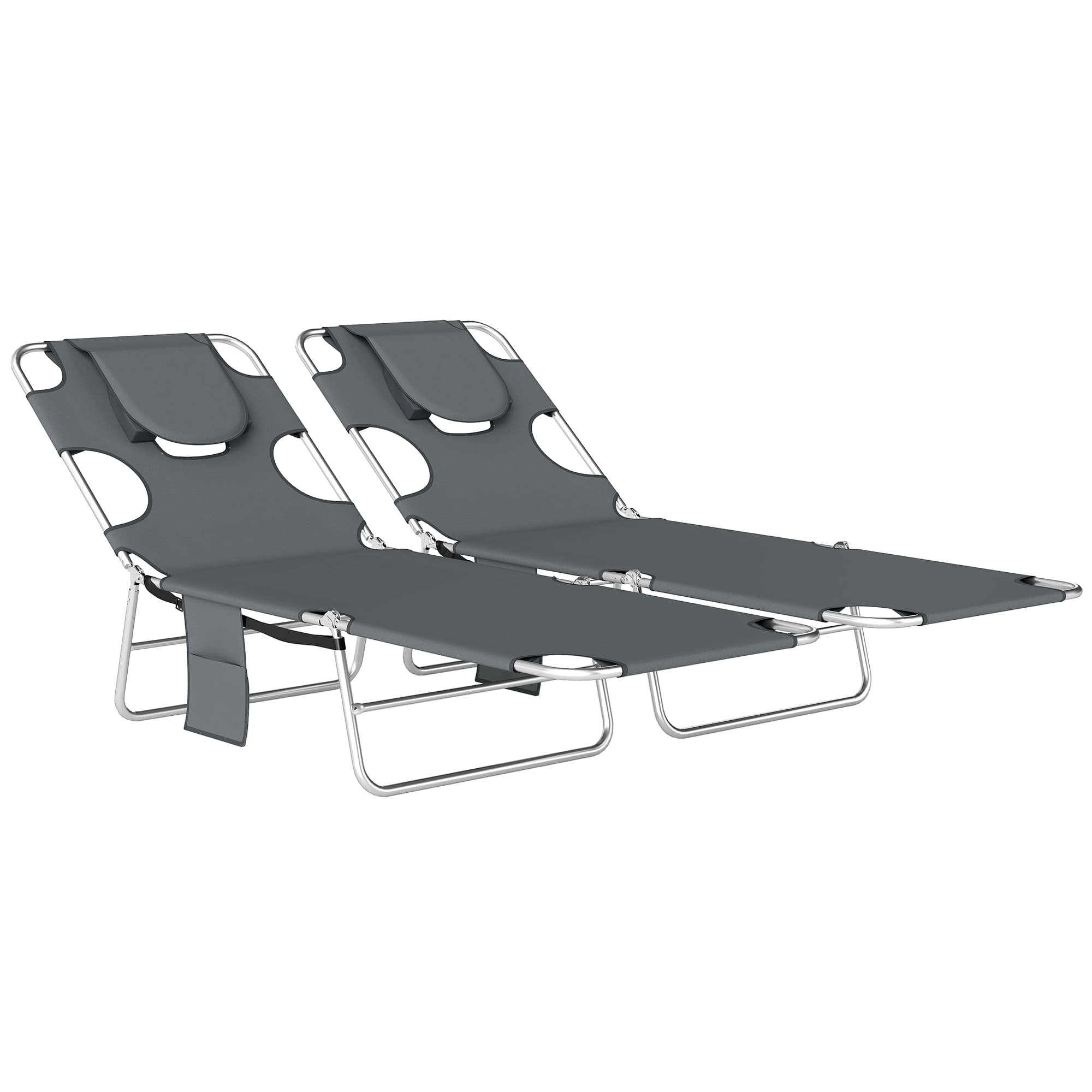 Outsunny 5-Position Adjustable Sun Loungers Set of 2 with Reading Hole and Side Pocket, Dark Grey