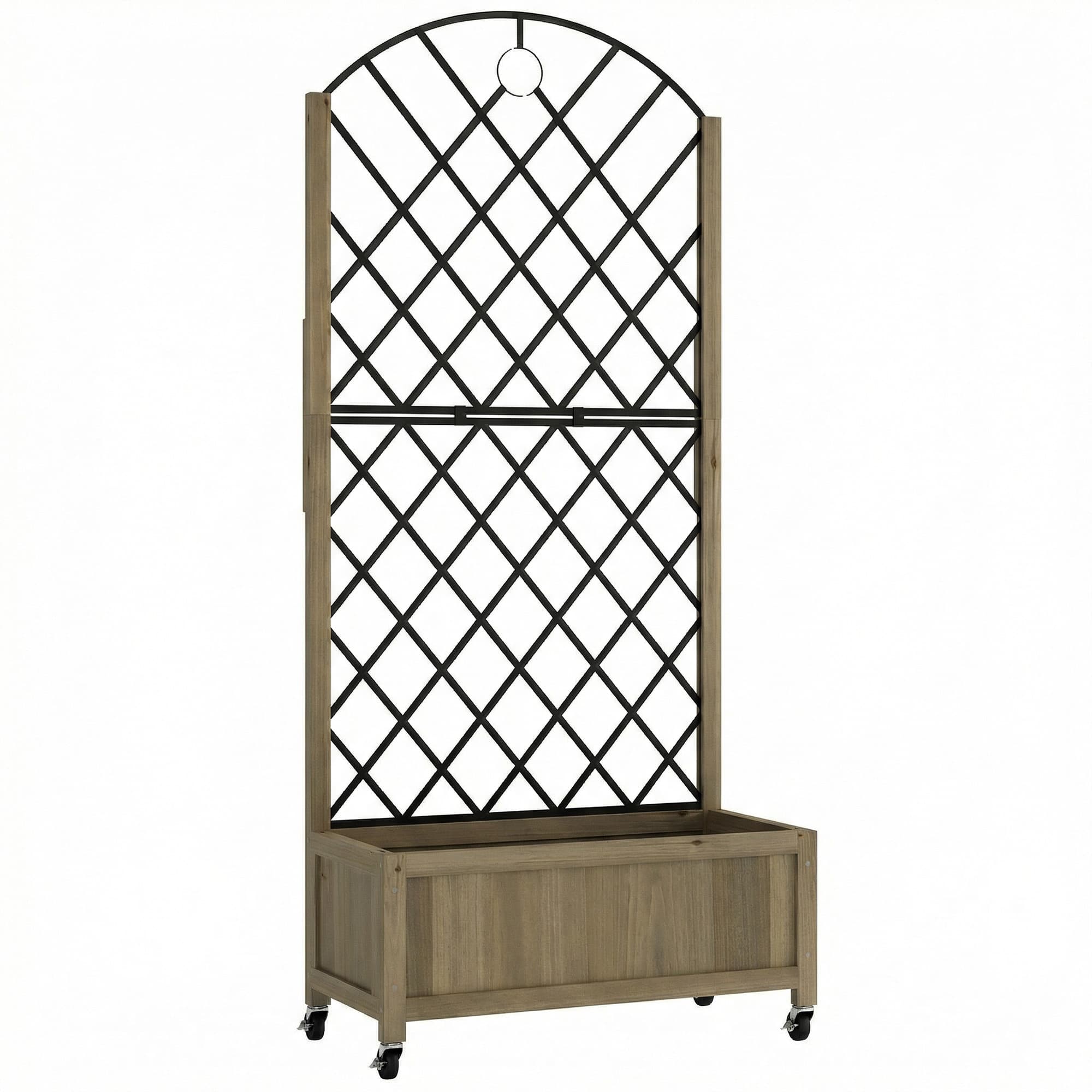 Outsunny Raised Garden Bed with Metal Trellis, Wooden Elevated Planter Box w/Lockable Wheels, Outdoor Raised Planter, Carbonised
