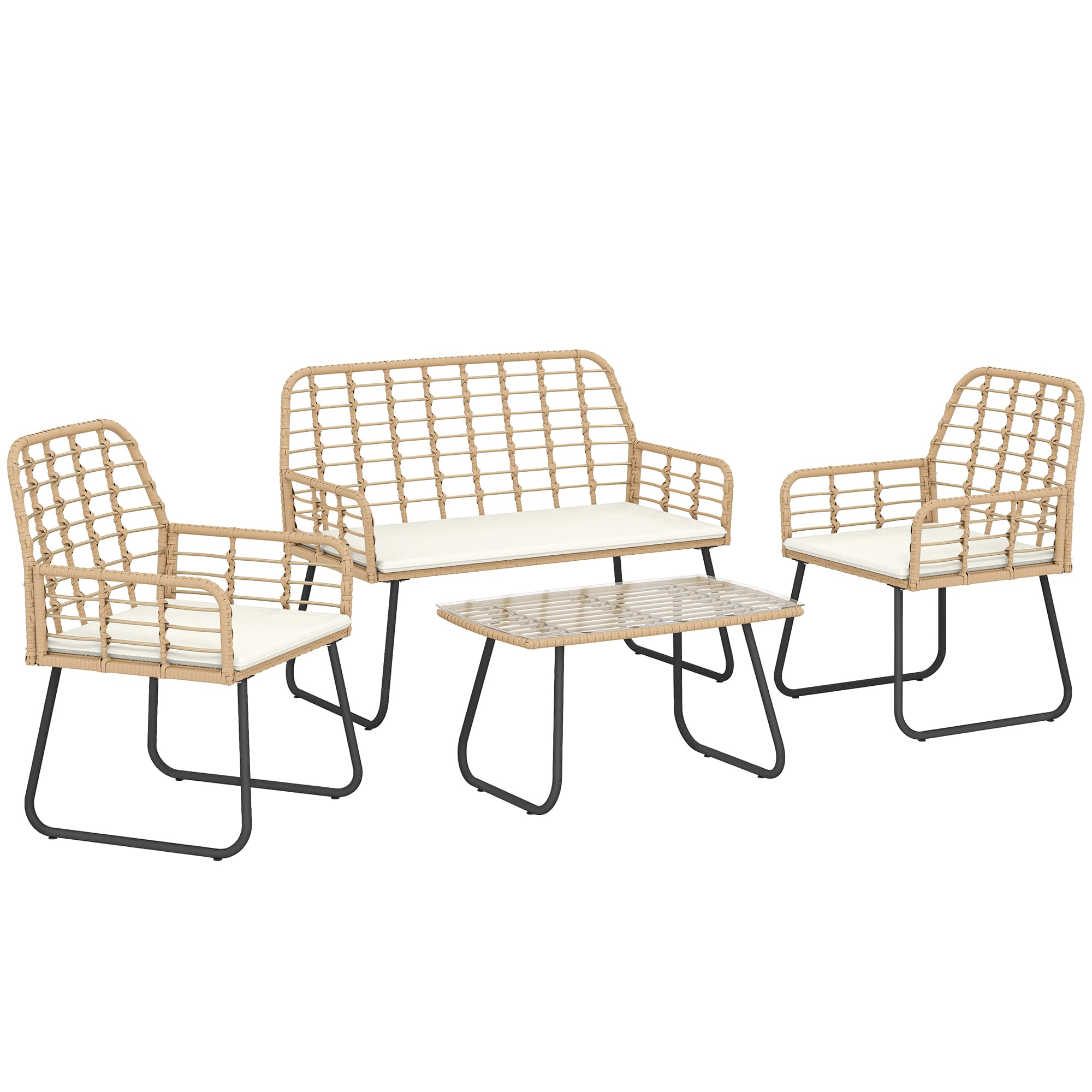 Outsunny 4 Piece Rattan Garden Furniture Set, Outdoor Patio Furniture with Loveseat, Armchairs and Coffee Table