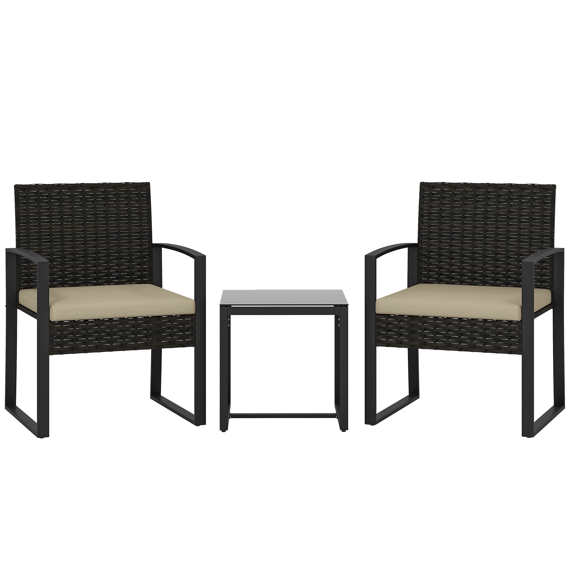 Outsunny Rattan Bistro Set, 3 Piece Garden Furniture Set with Glass Top Table and Cushions, Khaki