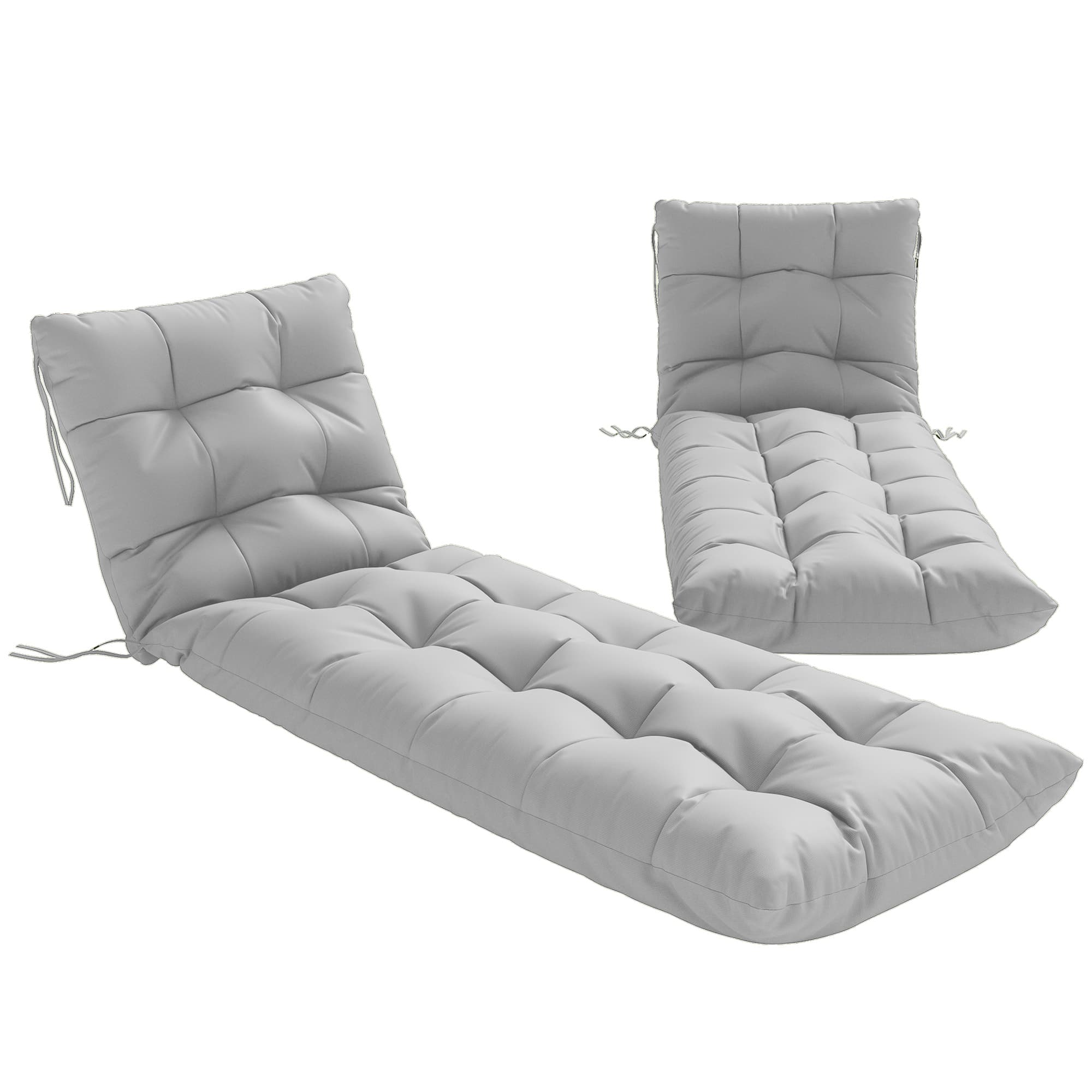 Outsunny Sun Lounger Cushions Only, Garden Lounge Chair Cushions Set of 2, Sunbed Replacement Pads with 4 Ties, Light Grey