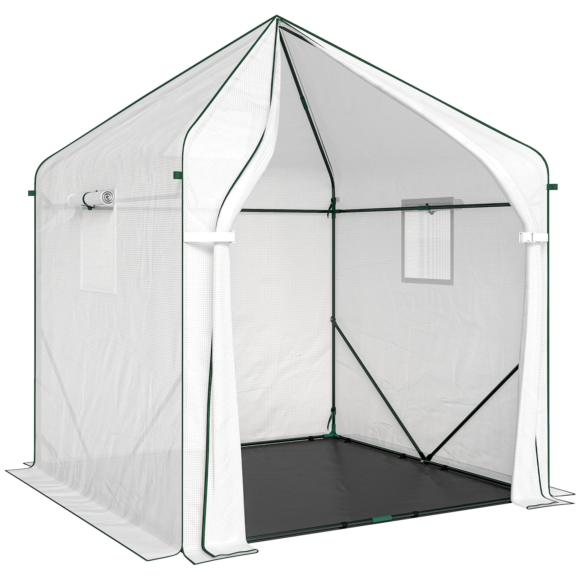 Outsunny Walk-in Greenhouse for Outdoors with Steel Frame, Large Plant House with Roll-up Door and PE Ground Cover, White