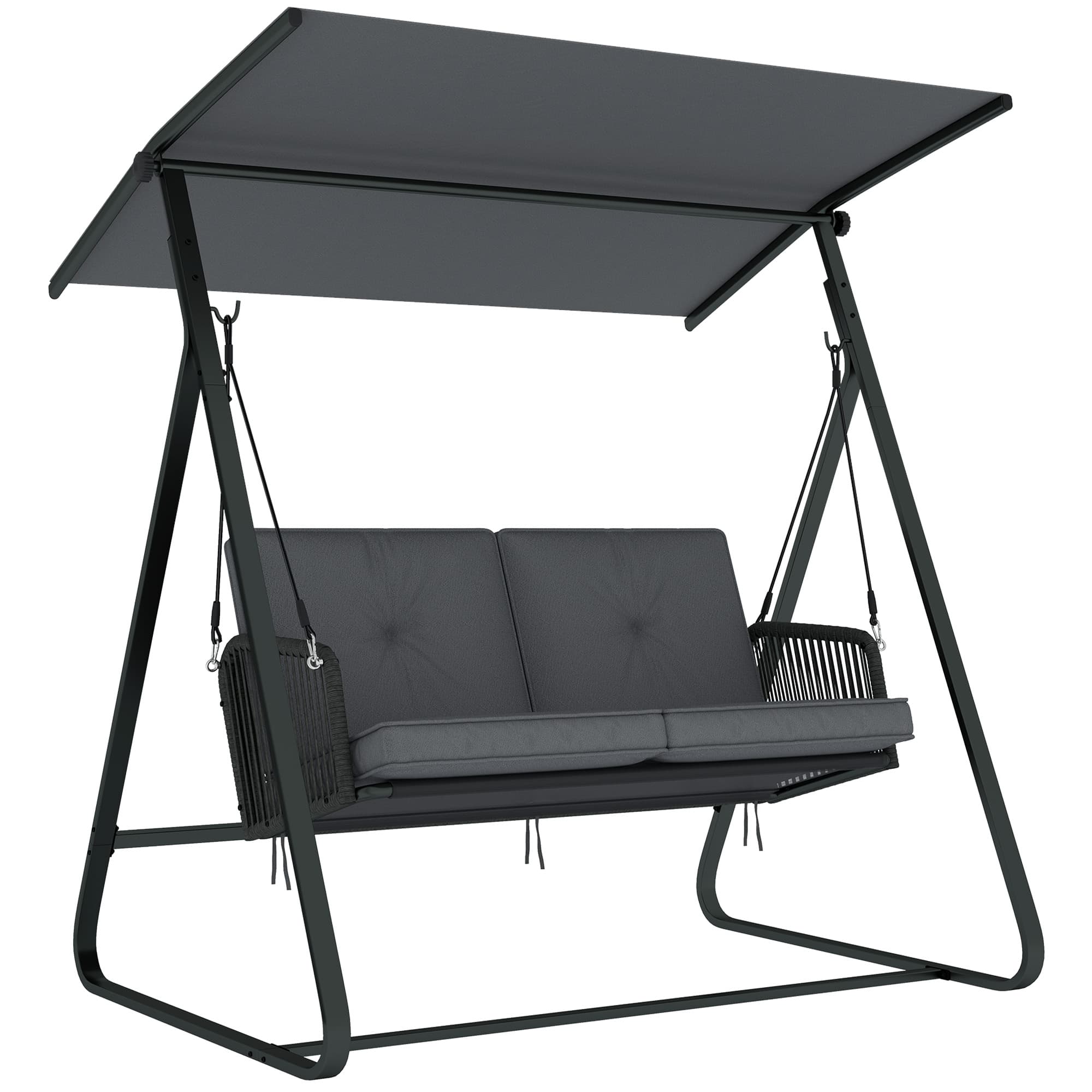 Outsunny 2-Seater Rattan Swing Chair, Outdoor Garden Hanging Swing Seat with Stand, Adjustable Canopy and Soft Cushions