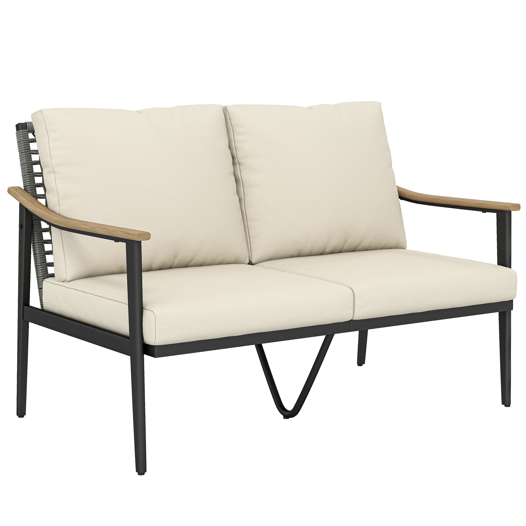 Outsunny 2 Seater Rattan Sofa, Outdoor Garden Sofa with Wood-Effect Armrests, Cushions for Patio, Balcony, Khaki