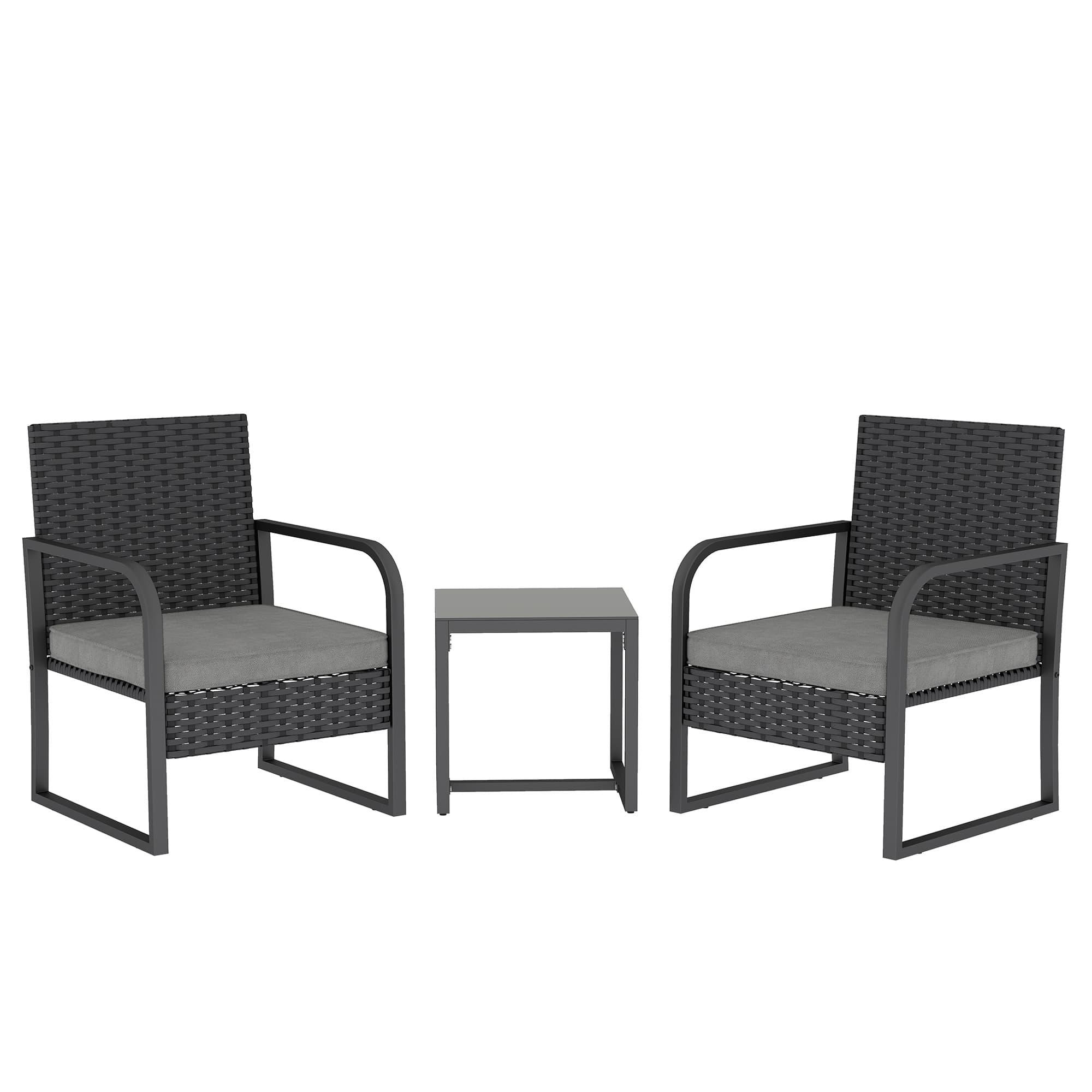 Outsunny Rattan Bistro Set, 3 Piece Garden Furniture Set with Cushions and Glass Top Table, Black