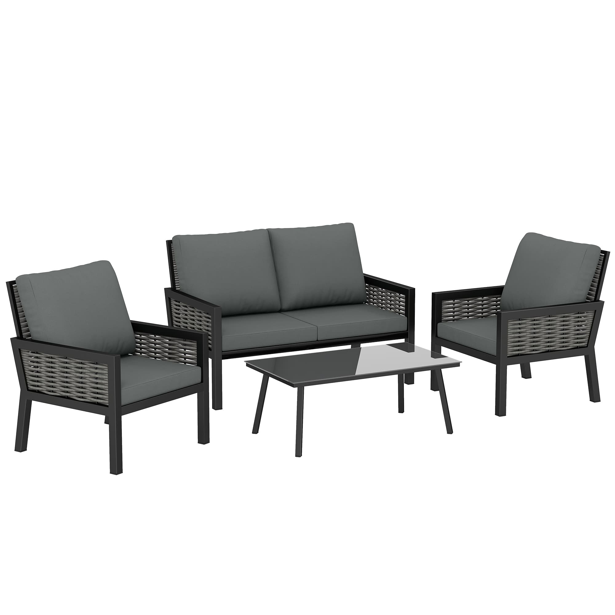 Outsunny 4 Seater Rattan Garden Furniture Set with 2 Armchairs, Loveseat, Coffee Table, Garden Sofa Set with Cushions, Dark Grey thumbnail 2